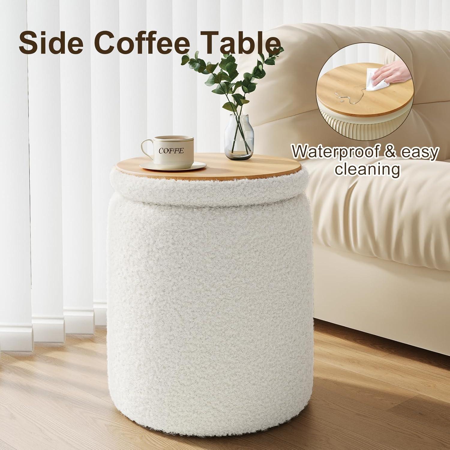 White Boucle Round Storage Ottoman Set with Wooden Lid