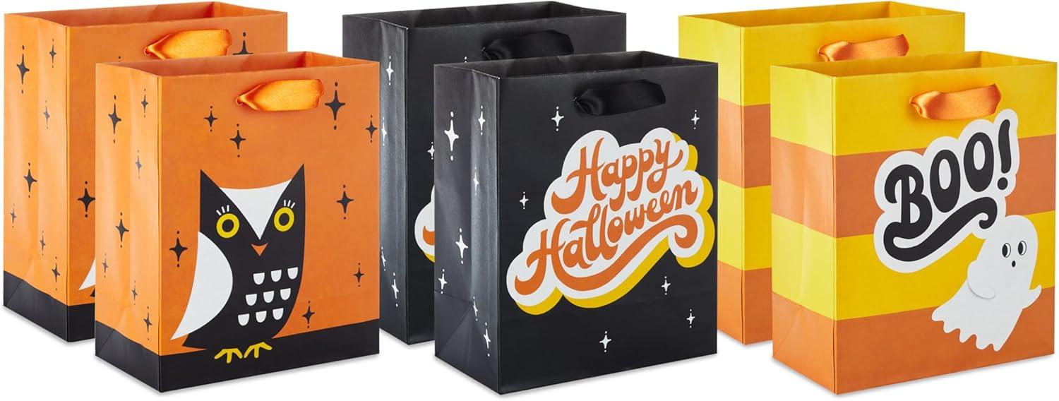 Hallmark 6" Small Halloween Gift Bags (6 Bags, 3 Designs: Owl, Ghost, "Happy Halloween") for Kids, Boo Bags, Classroom Parties, Teacher Gifts