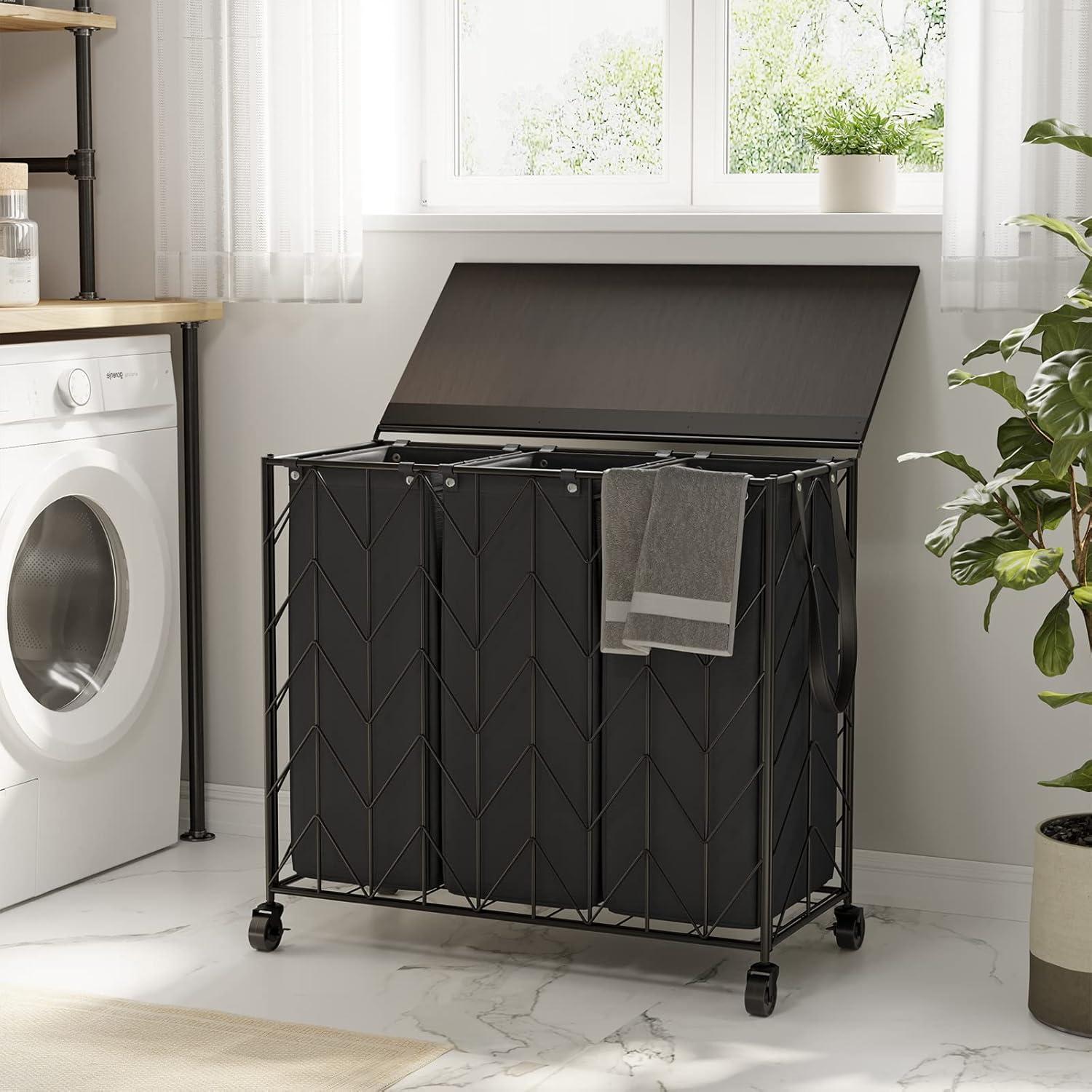 Black Laundry Basket with Wheels - 142L Capacity, 3 Section with Lid, Removable Bags