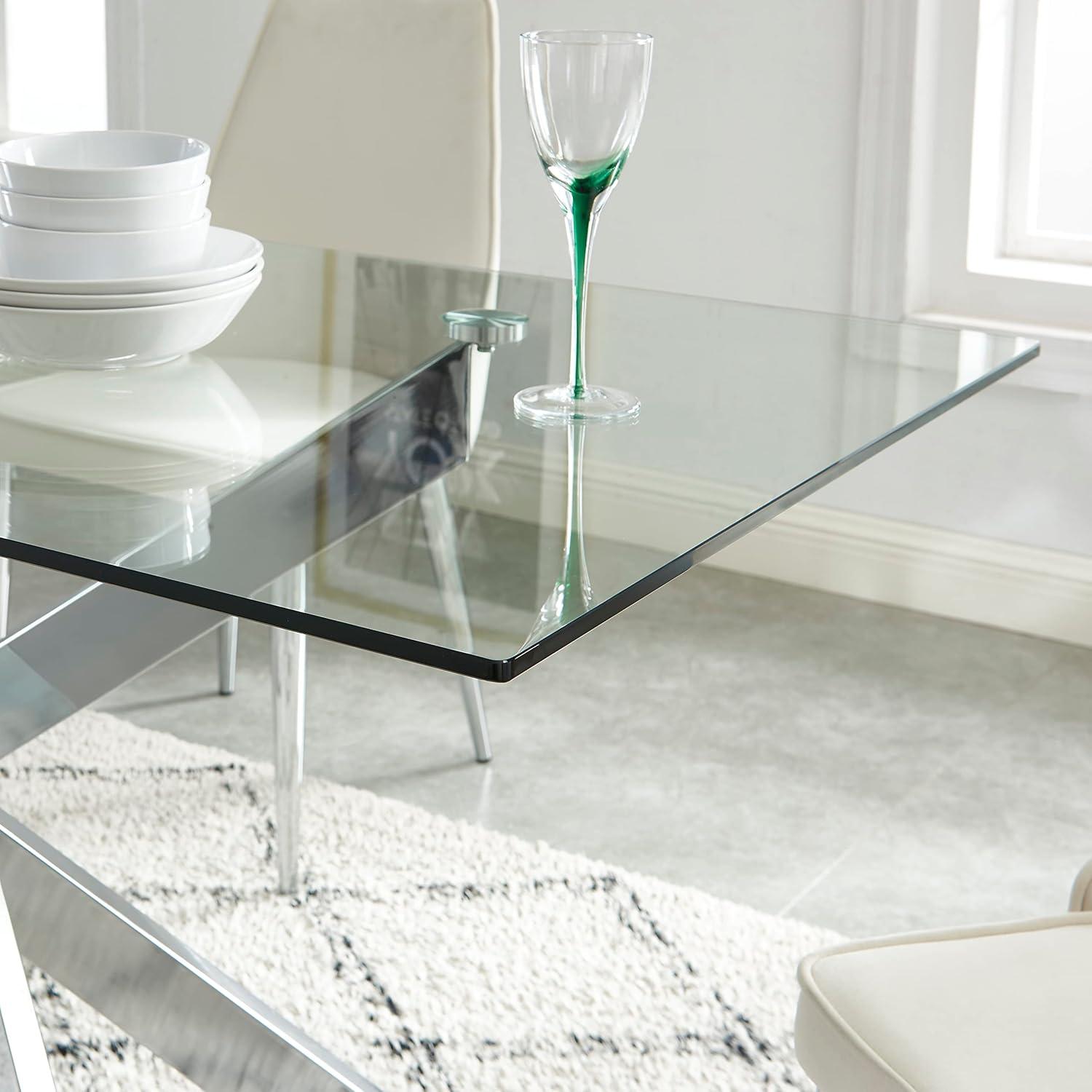 Silver Glass Rectangle Dining Table with Chrome Cross Legs