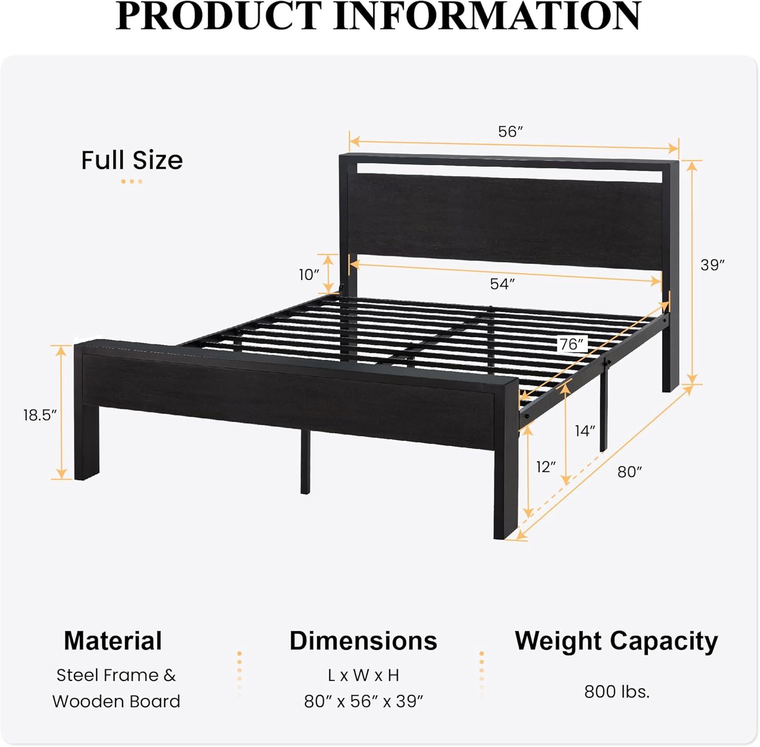 Black Oak Full Size Metal Platform Bed with Wooden Headboard