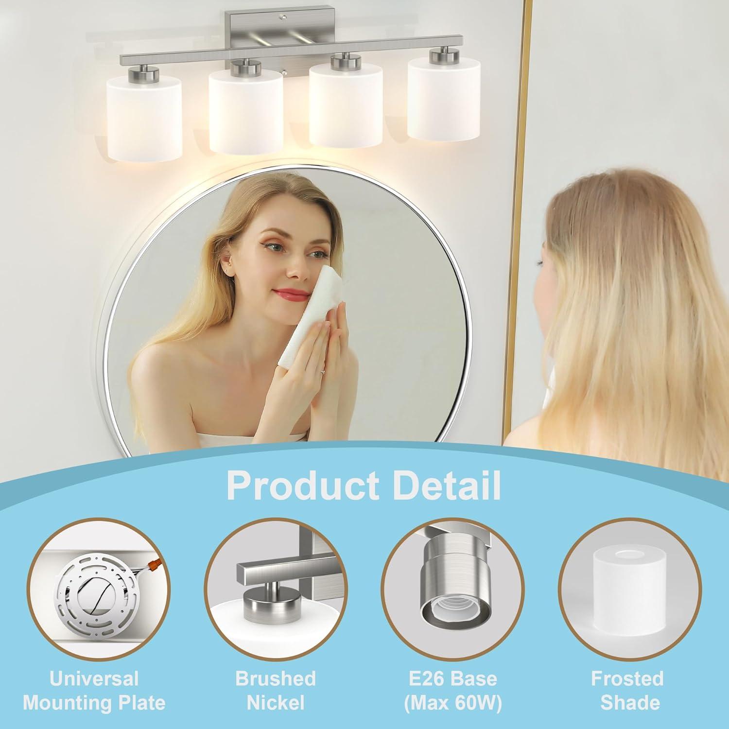 Brushed Nickel Bathroom Light Fixtures, 3-Light Modern Vanity Light Over Mirror
