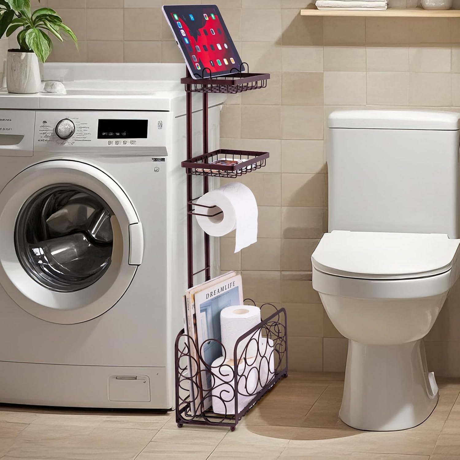 Toilet Paper Holder Tissue Rack Stand With Magazine Toilet Roll Storage Basket- Freestanding, Bronze Metal