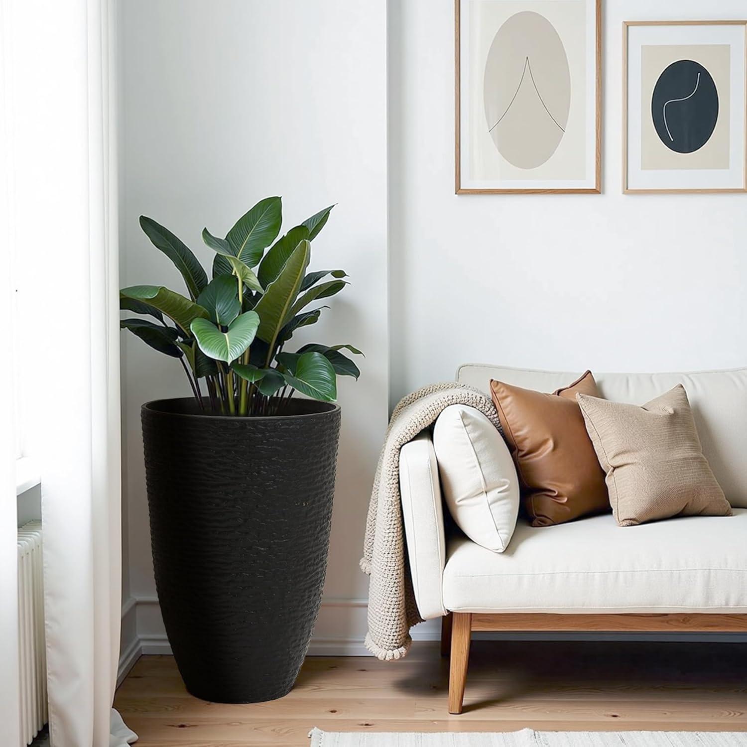 WORTH Garden 21" H Tall Planters 2 Pack - 14'' Dia Resin Large Round Black Flower Pots for Outdoor Plants Trees - Imitation Stone Finish Plastic Indoor Front Porch 9 Gallon Decorative Container Patio