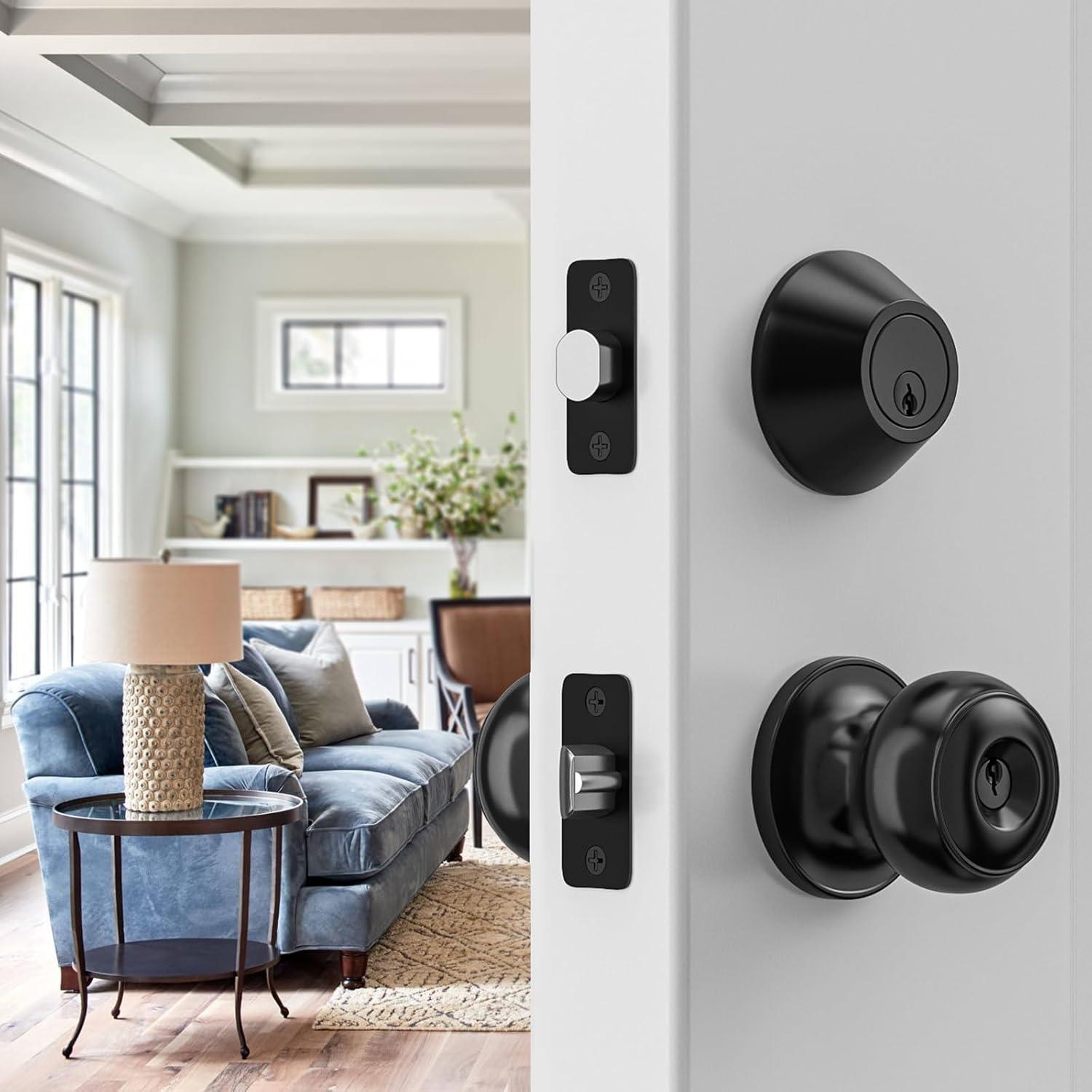 3 Pack Keyed Alike Entry Door Knobs and Single Cylinder Deadbolt Lock Combo Set Security for Entrance and Front Door with Classic Matte Black Finish