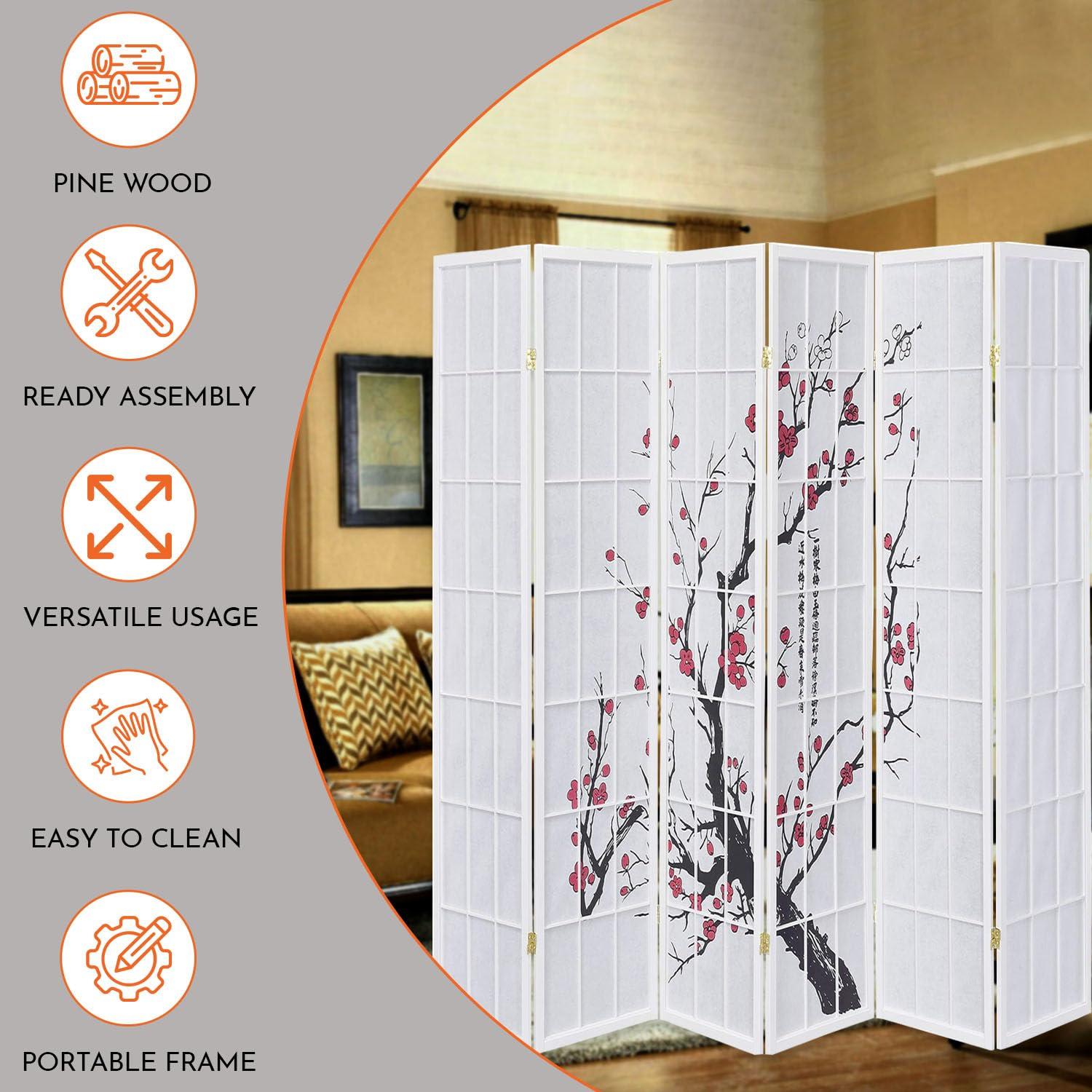 Legacy Decor 6 Panel Room Divider Privacy Screen Panel Blossom Shoji Design White Color