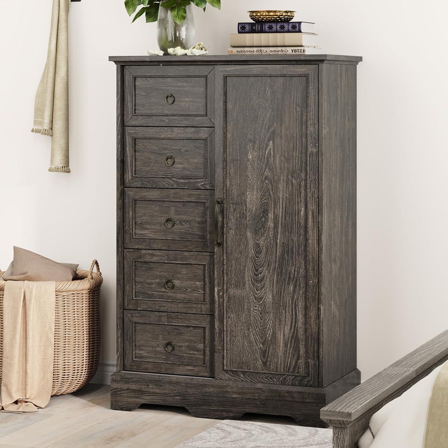 Gracie Oaks 5 Drawers Dresser With Cabinet, 48" Tall Chest, Wooden Closet Dresser With Sliding Barn Door For Living Room, Hallway