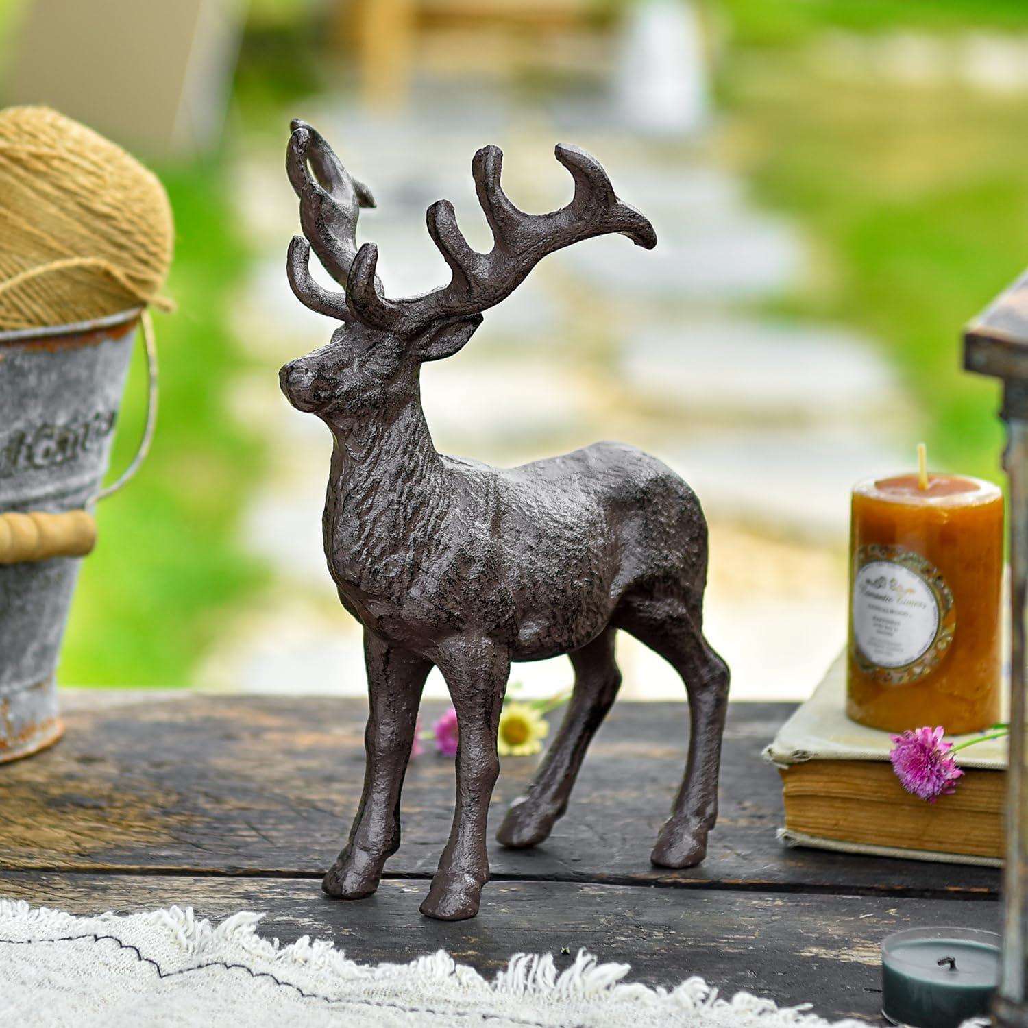 Sungmor Cast Iron Deer Statue, Christmas Reindeer Figurine, Rustic Brown Heavy Standing Elk Vintage Home Decor Sculpture, Indoor Outdoor Shelf Tabletop Holiday Decorations
