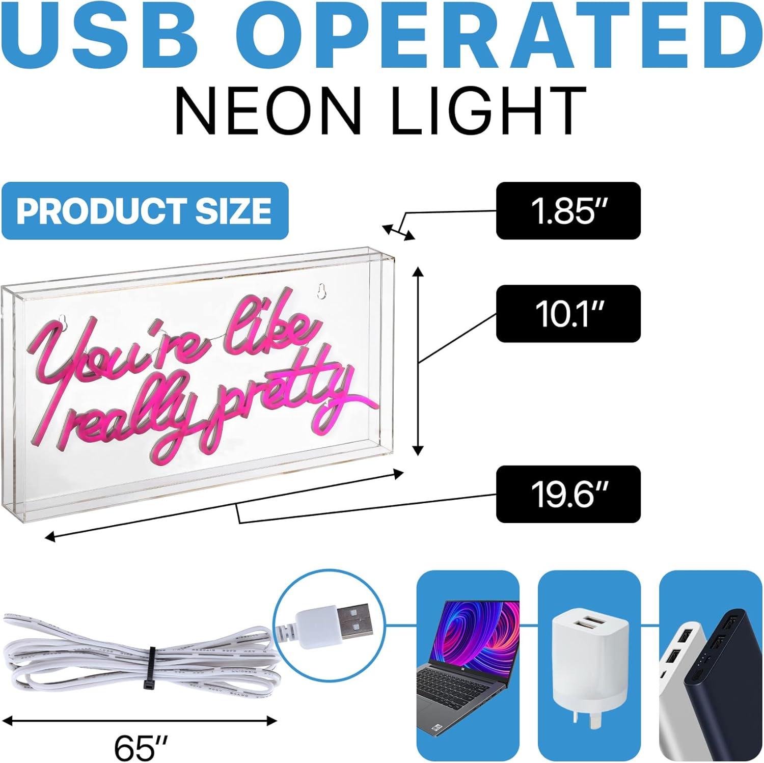 JONATHAN Y NEN1025A You're Like Really Pretty 19.6" X 10.1" Contemporary Glam Acrylic Box USB Operated LED Neon Light, Pink