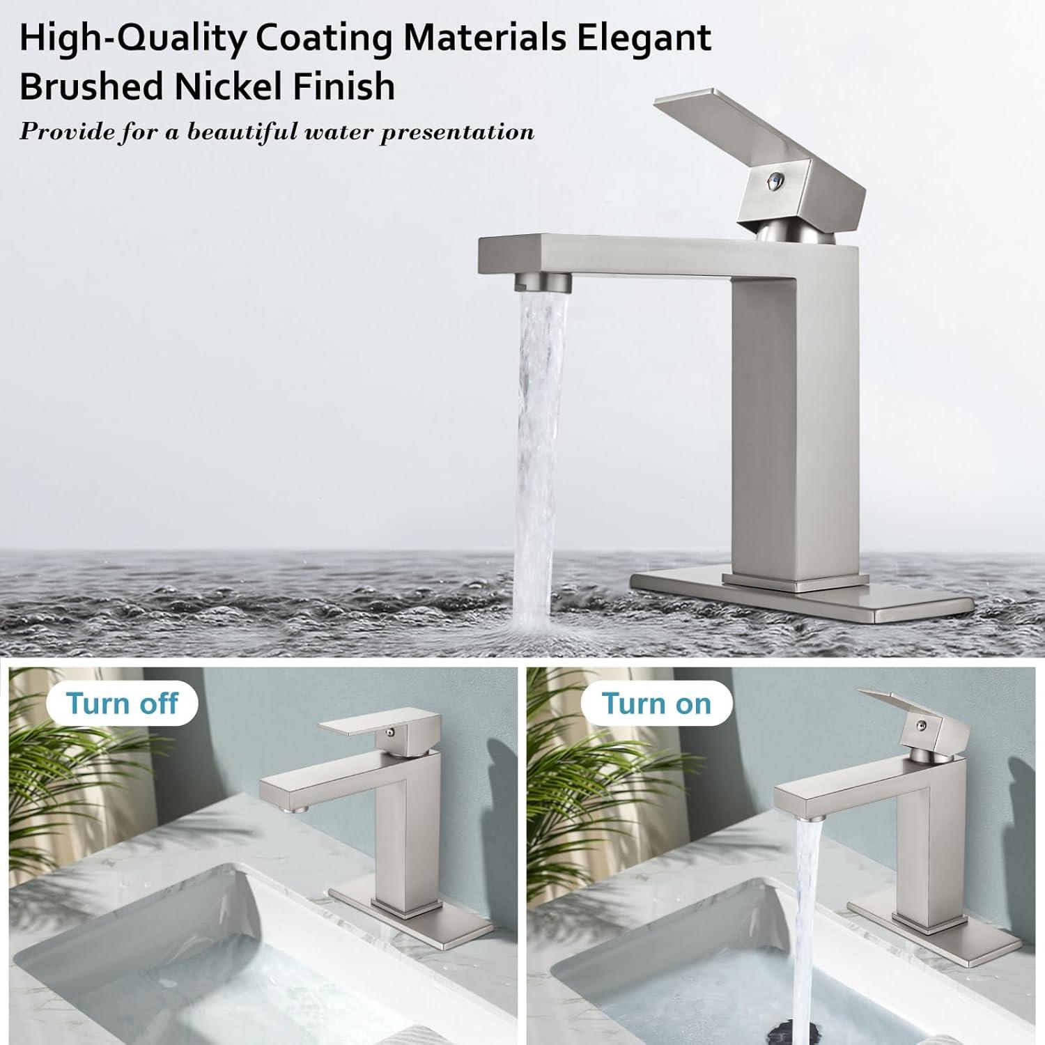 Midanya Bathroom Sink Faucet 1 Hole Single Handle Deck Mount Lavatory Bathroom Faucet Include Cover Plate Stainless Steel Commercial,with Pop Up Drain,Brushed Nickel