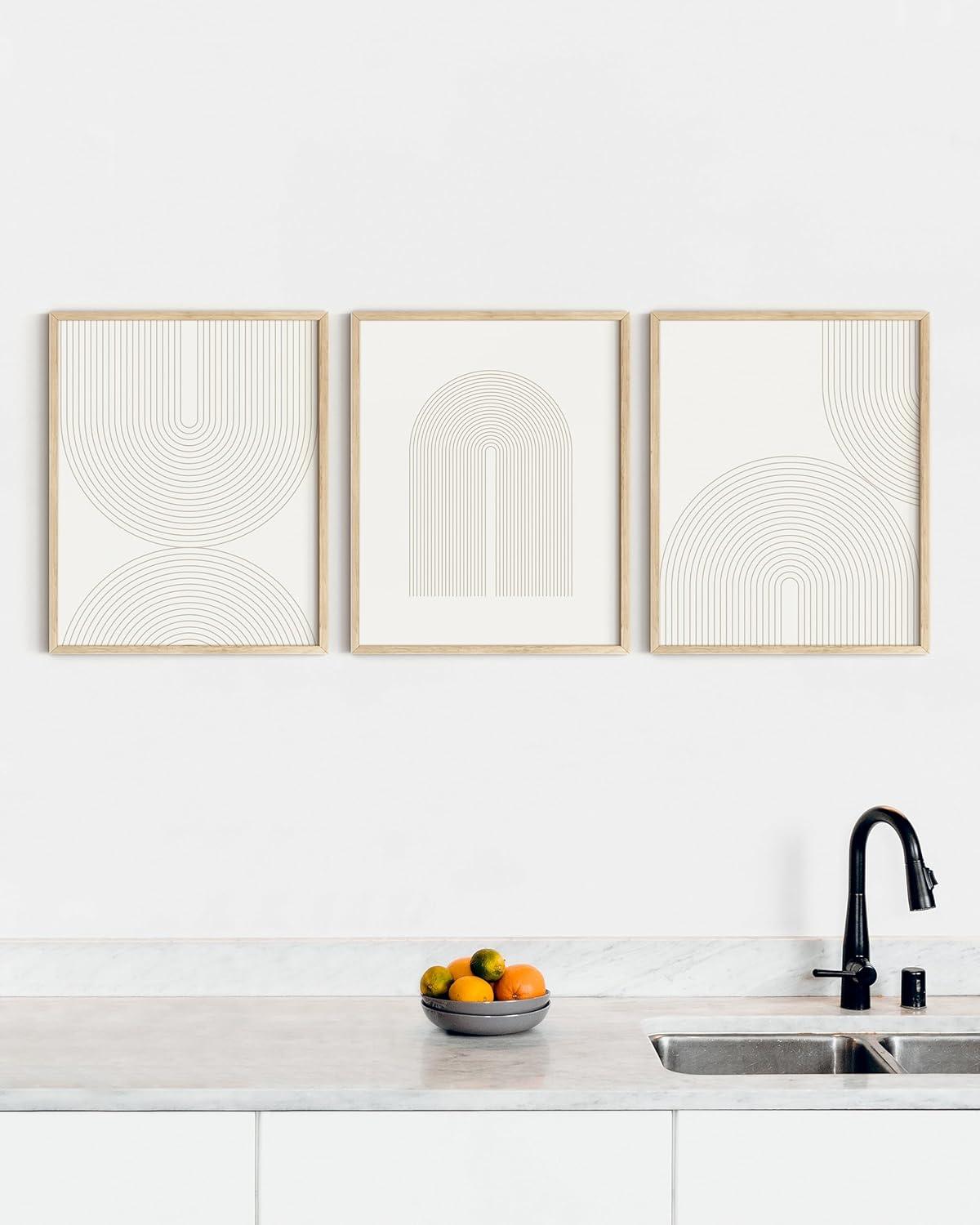 HAUS AND HUES Boho Wall Art - Set of 3 Framed Mid Century Modern Wall Art for Living Room, Minimalist Beige Wall Art, Line Art Wall Decor, Boho Art Wall Decor, Light Arches Art (12x16, BEIGE FRAMED)