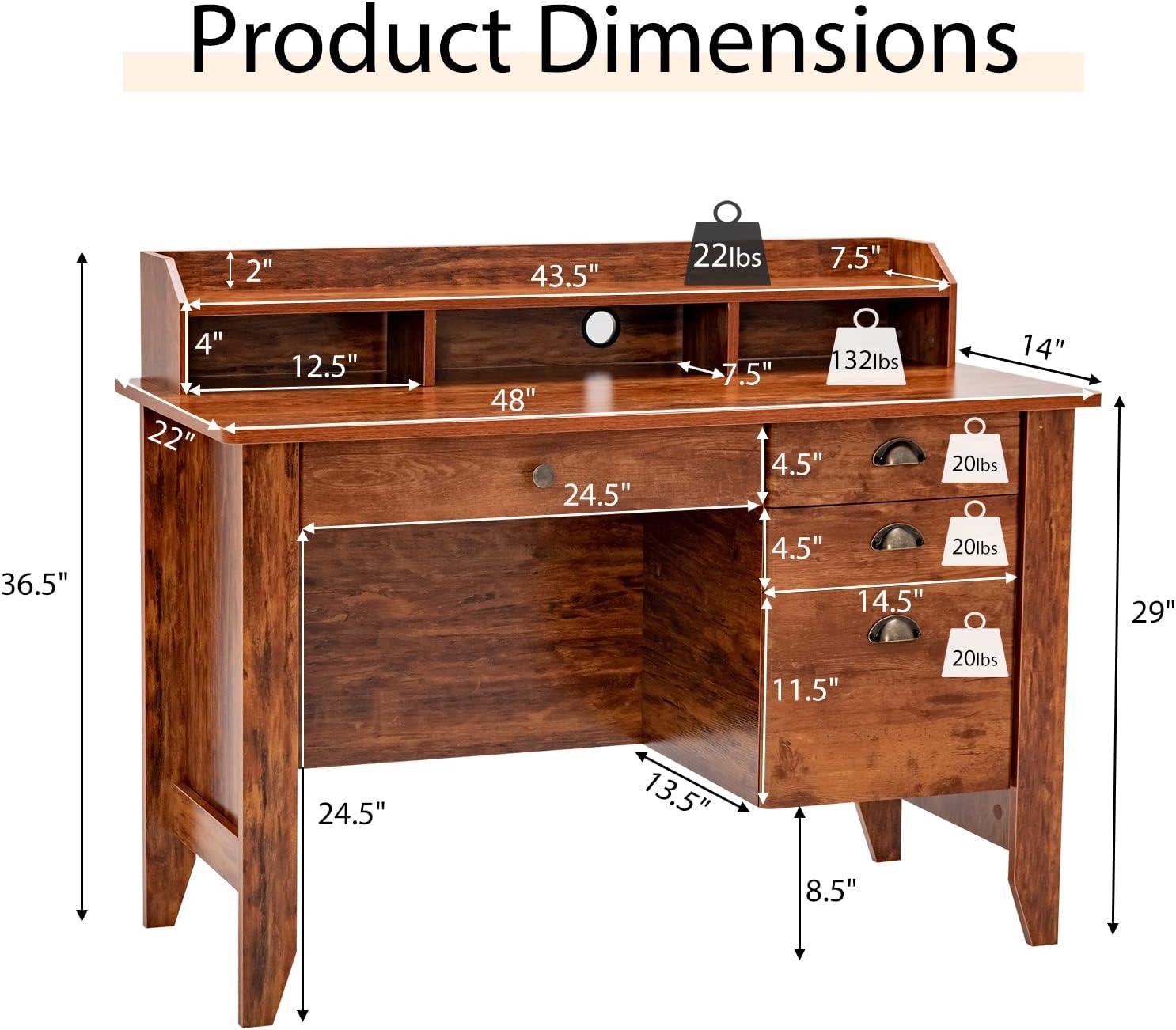 GVN Vintage Computer Desk with Storage Shelves and 4 Drawers-Rustic Brown, Desk for Bedroom, Gaming Computer Desks for Study,Working,Writing