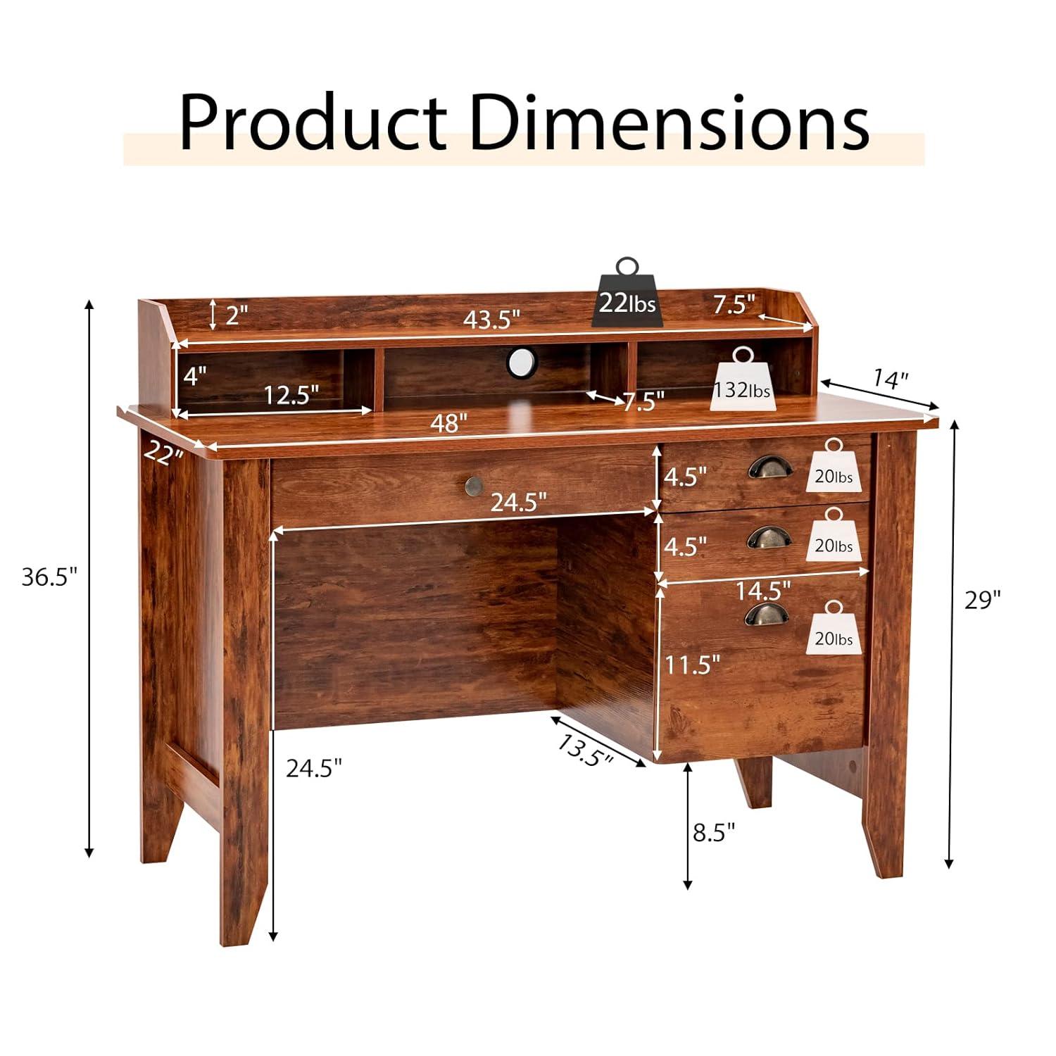 GVN Vintage Computer Desk with Storage Shelves and 4 Drawers-Rustic Brown, Desk for Bedroom, Gaming Computer Desks for Study,Working,Writing