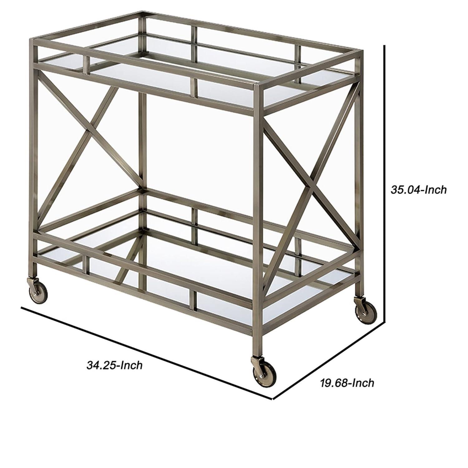 Metal Framed Two Tier Serving Cart with X Shaped Side Panels, Silver and Clear