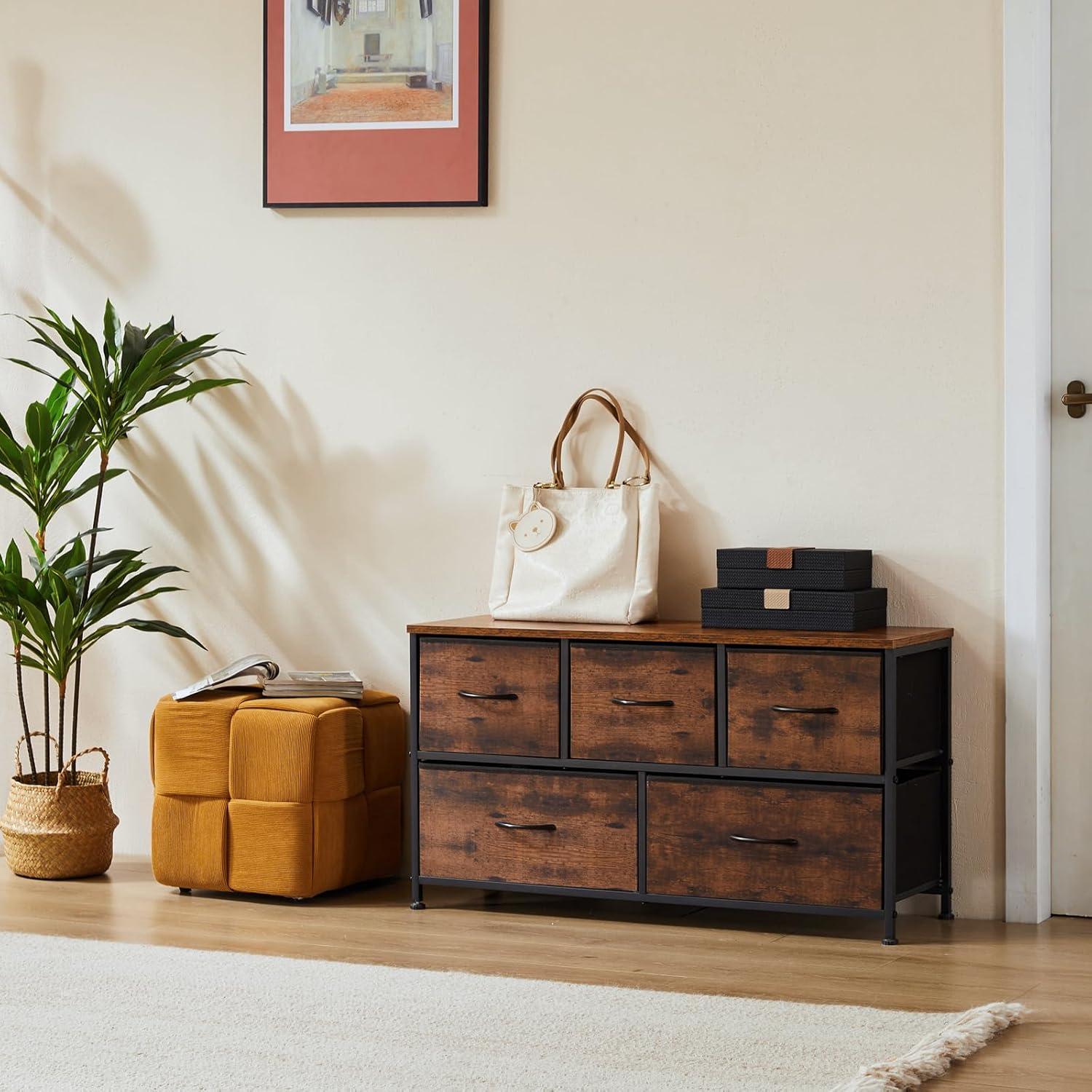 Chest of Drawers with Fabric Bins, Organizer Storage 5, Long Dresser with Wood Top for Bedroom, Closet, Entryway, Rust Brown