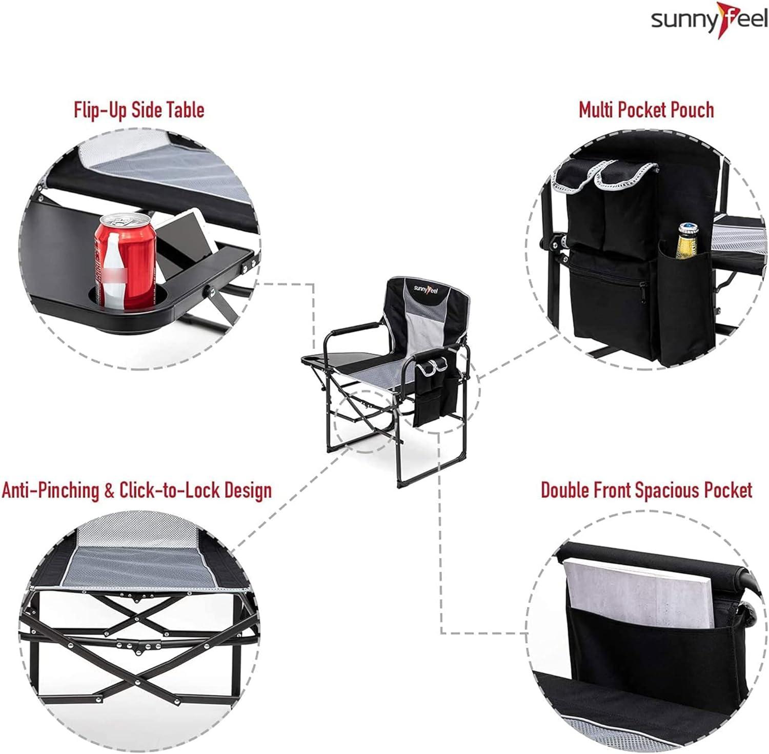 SUNNYFEEL Camping Directors Chair, Heavy Duty,Oversized Portable Folding Chair with Side Table, Pocket for Beach, Fishing,Trip,Picnic,Lawn,Concert Outdoor Foldable Camp Chairs