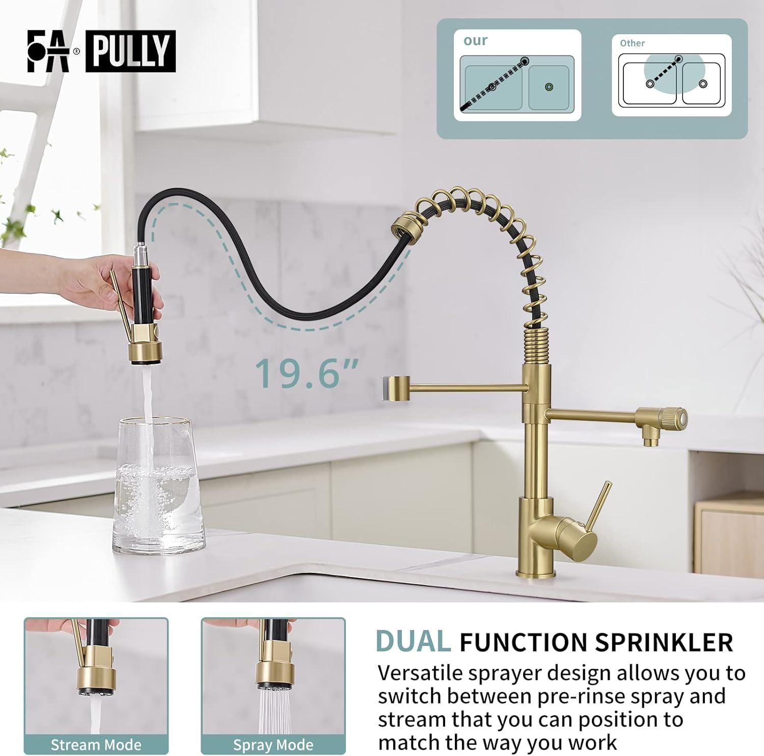 Contemporary Kitchen Sink Faucet, Single Handle Brass Spring Kitchen Faucet with Pull Down Sprayer, Rotatable Pull-Out Kitchen Mixer Tap, Brushed Gold