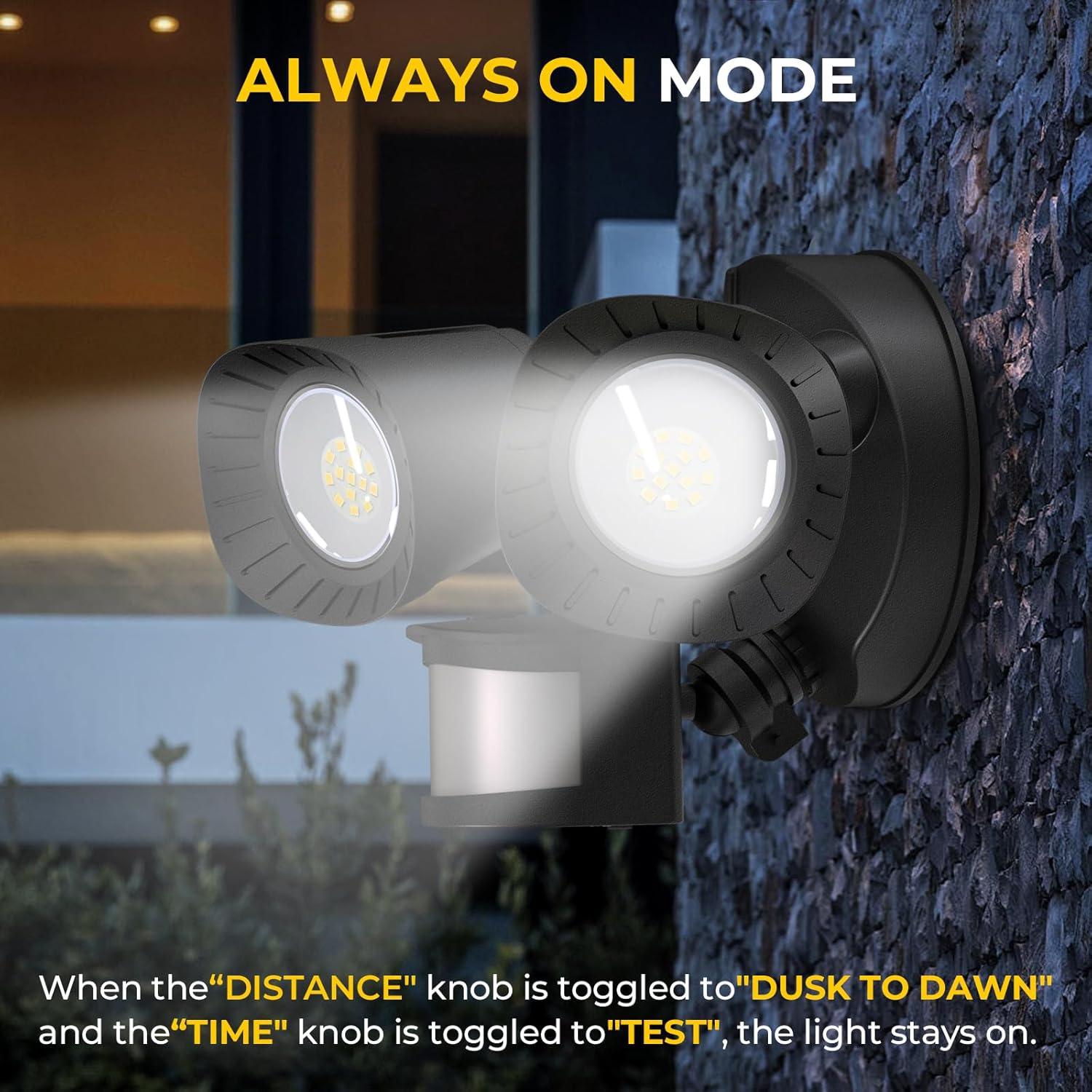 R.W.FLAME LED Flood Motion Sensor Outdoor Lights, 24W 1800LM 5000K IP54 Waterproof, 5 Lighting Modes, 4 Lighting Durations, 3 Detection Distances, for Garage, Yard, Porch, Black.