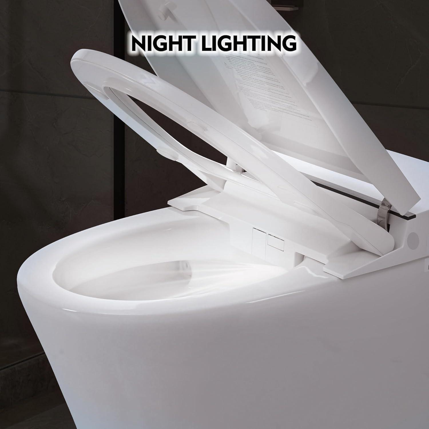 Smart Toilet Bidet Combo With Self-Cleaning Nozzle,Upmarket Compact Dual Flush Toilet 1/1.28 GPF,Tank Less Toilet With Foot Sensor Flush,White Night Light,Knob Control,Power Outage Flushing,Soft Close