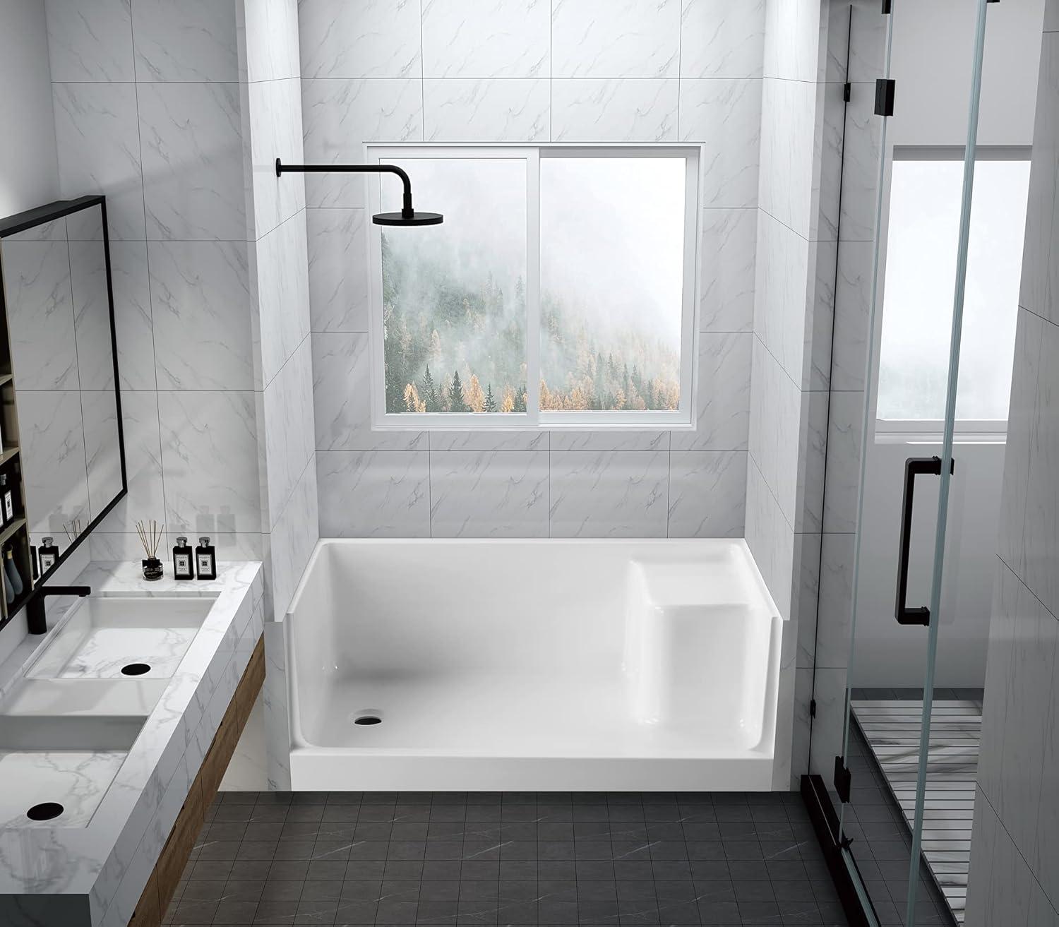 Kingston Brass Grenada 60-Inch x 32-Inch Anti-Skid Acrylic Shower Base with Integral Seat
