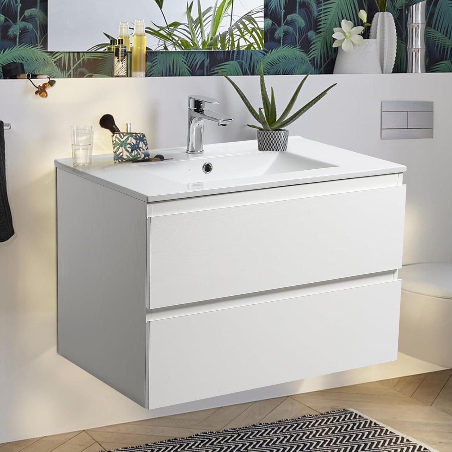 30" White Wall-Mounted Bathroom Vanity with Ceramic Sink and Storage