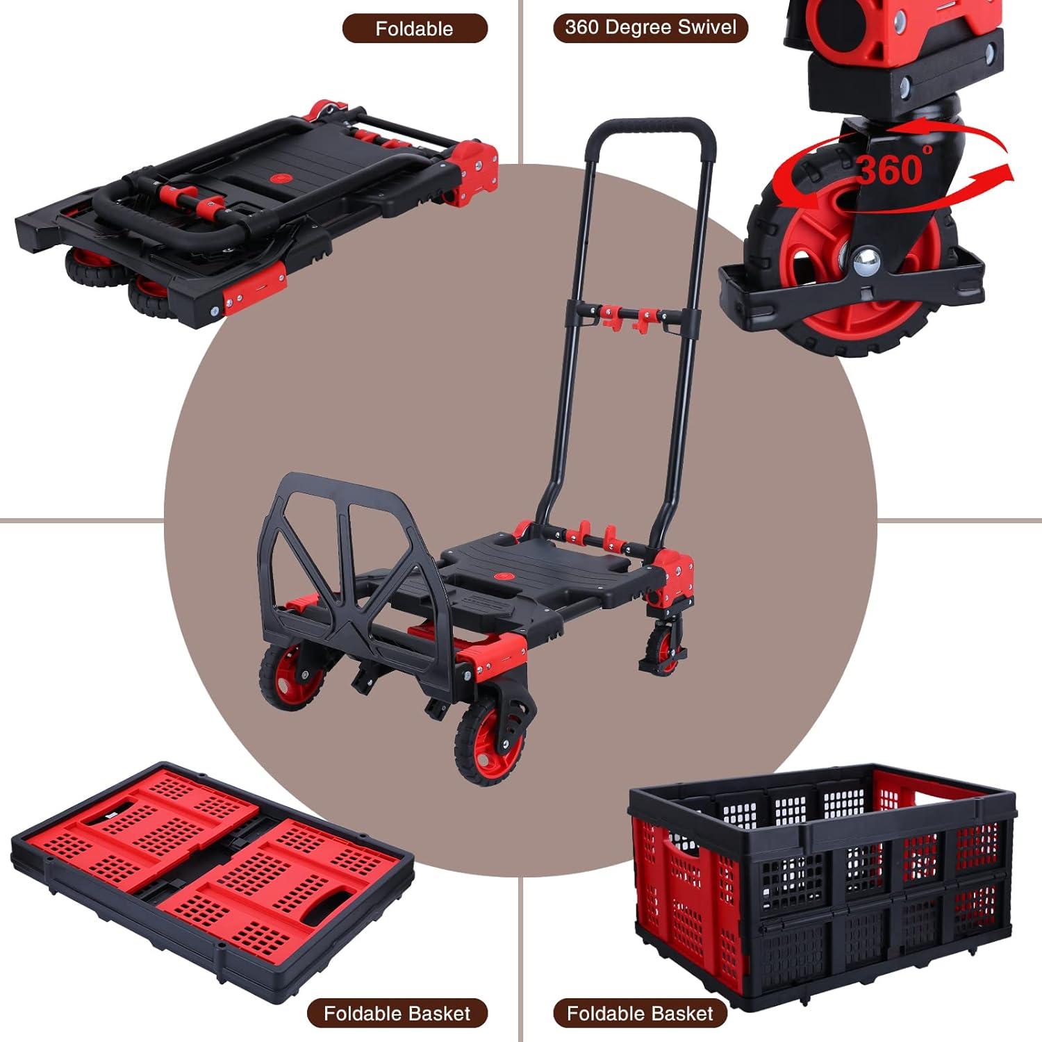 Red and Black Foldable Hand Truck Dolly with Basket and Strap