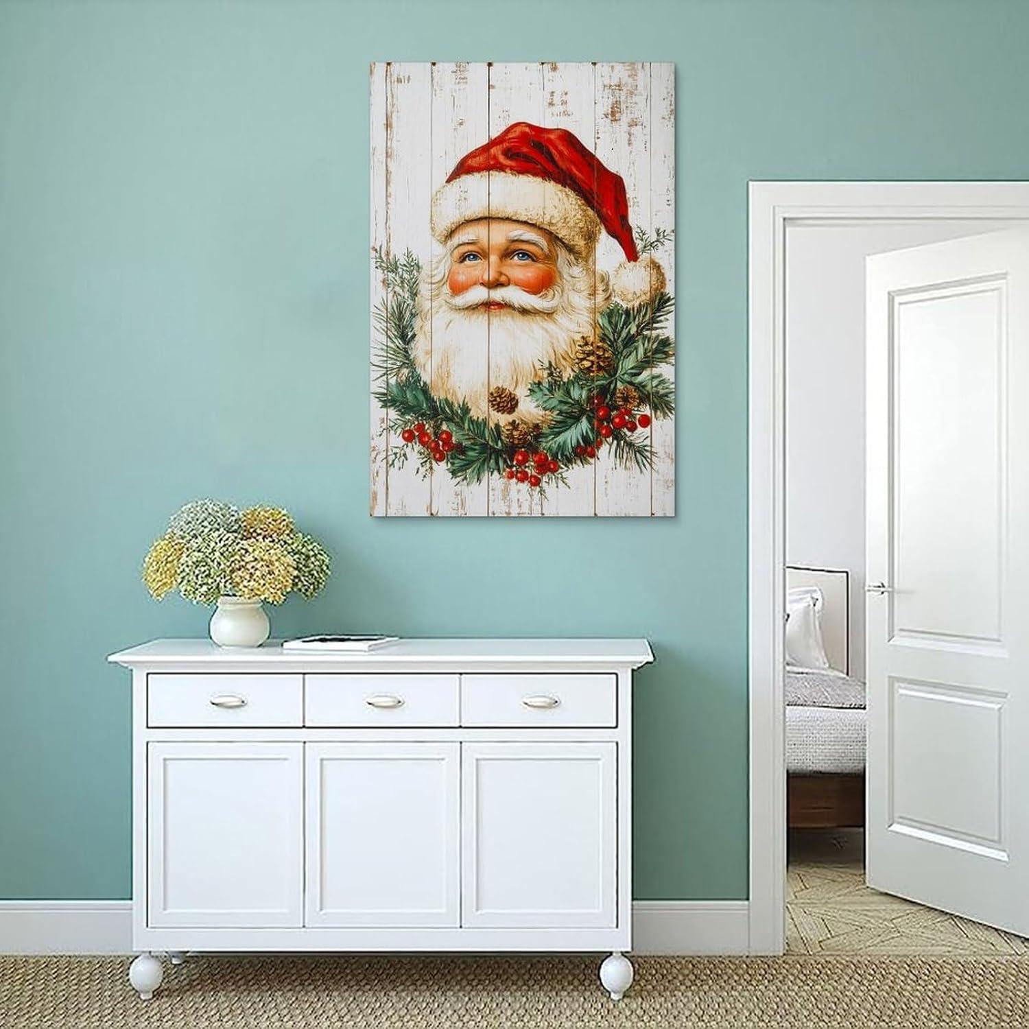 Reccmeny Vintage Christmas Canvas Wall Art, Santa Claus Pictures for Wall Decor, Xmas Poster Santa white Wooden Texture Picture, Holiday Wall Decorations Gifts