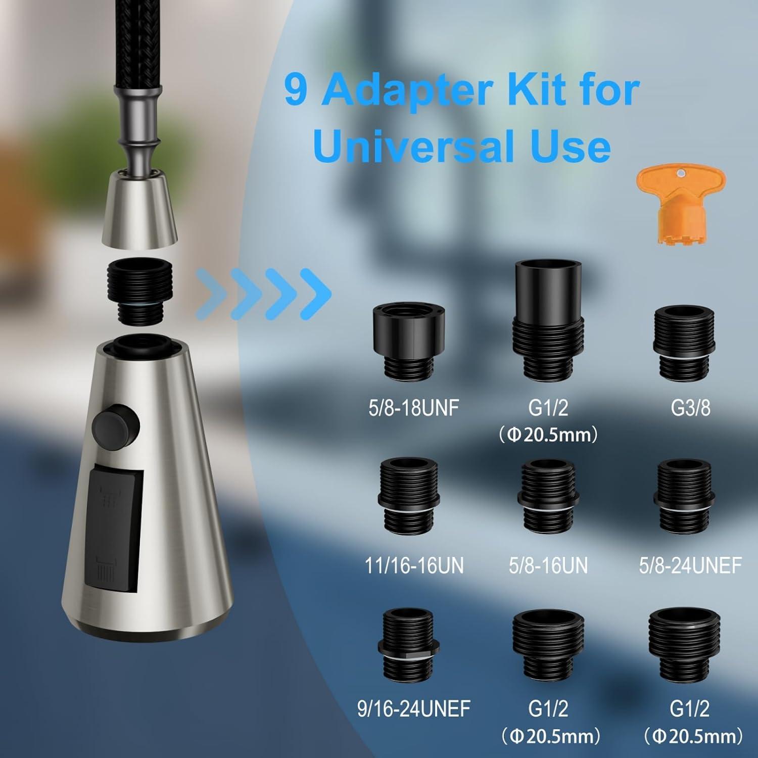 WOWOW 3-Function Sprayer Pull Down Kitchen Faucet Spray Head Replacement With 9-Adapter Kit