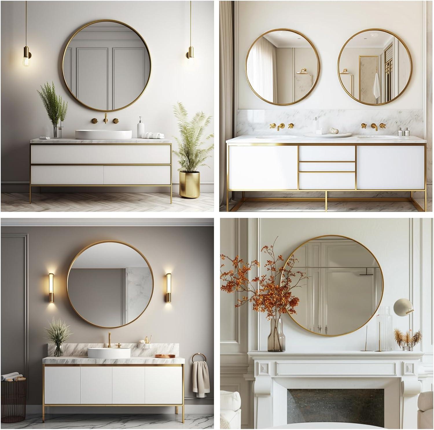 Gold Round Mirror, 24 inch Circle Mirror, Gold Metal Frame Bathroom Mirrors, Round Wall Mounted Mirrors for Bathroom, Hallway, Living Room, Bedroom.