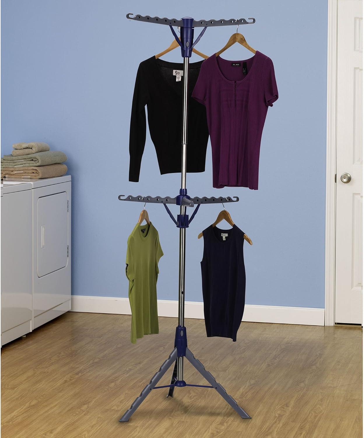 Household Essentials 5012-1 Portable 2-Tier Clothes Drying Rack Tri-pod  Dry Wet Laundry or Hang Clothes  Silver and Blue Large