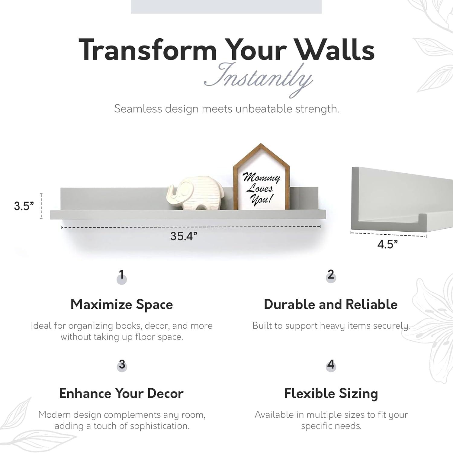 35.4" Picture Ledge Shelf for Kids' Room Gray - InPlace: Decorative Wall Shelf, MDF, Painted Finish, 17 lb Capacity