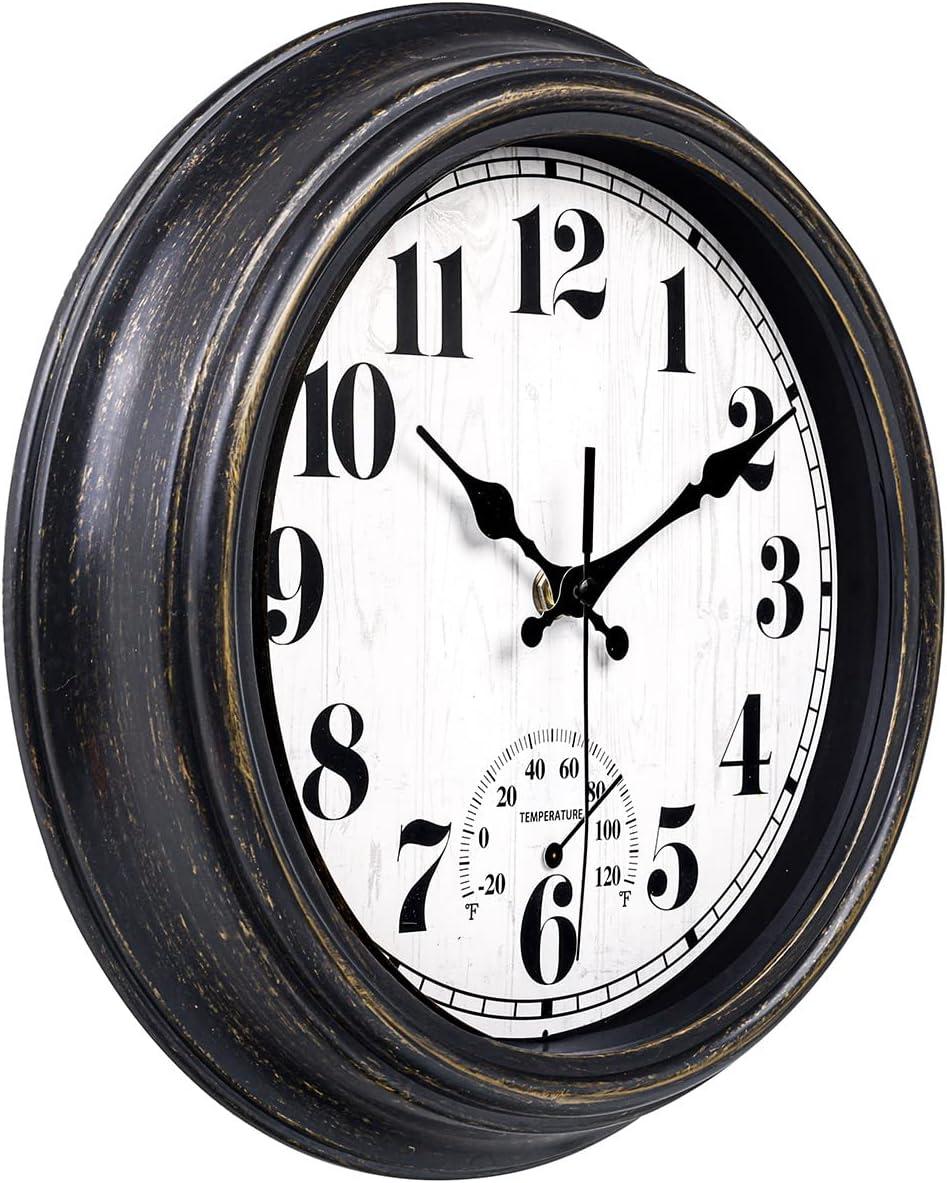 12 Inch Retro Silent Wall Clock,Indoor and Outdoor,Waterproof,Thermometer,Black