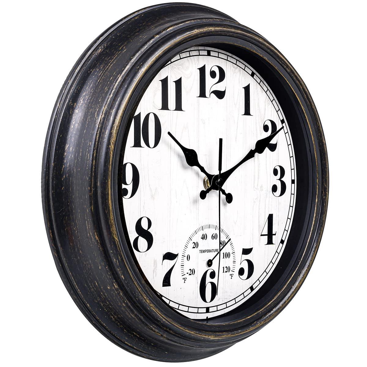12 Inch Retro Silent Wall Clock,Indoor and Outdoor,Waterproof,Thermometer,Black