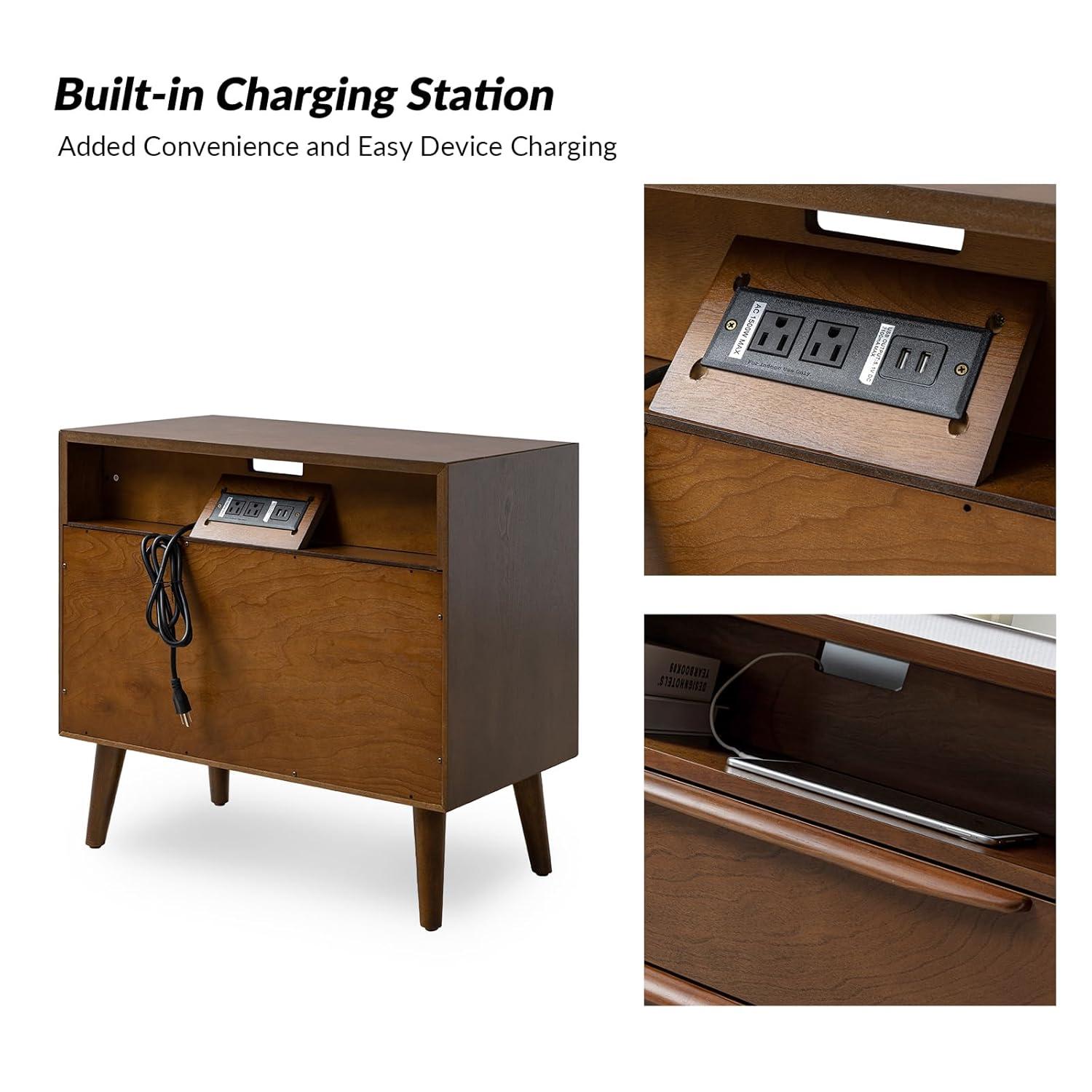 Margery Mid-century Modern 2 - Drawer Nightstand with Built-In Outlets | HULALA HOME-WALNUT