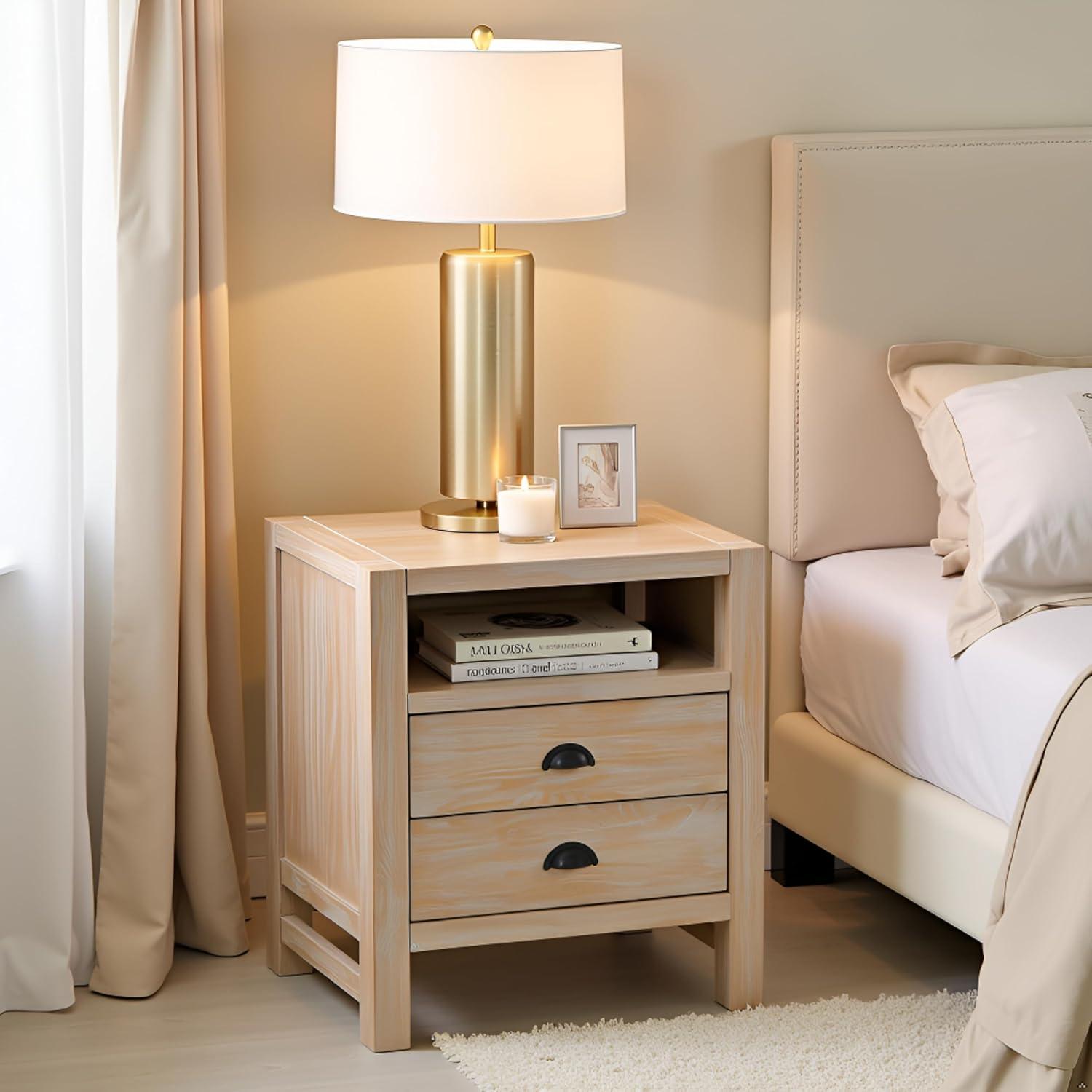 Arden 2-Drawer Wood Nightstand, 25 in. H Bedside Table with Oil Rubbed Bronze Drawer Pulls & Metal Drawers Glides, Perfect for Modern Rustic Bedroom Sets, Solid, Durable Pine Wood