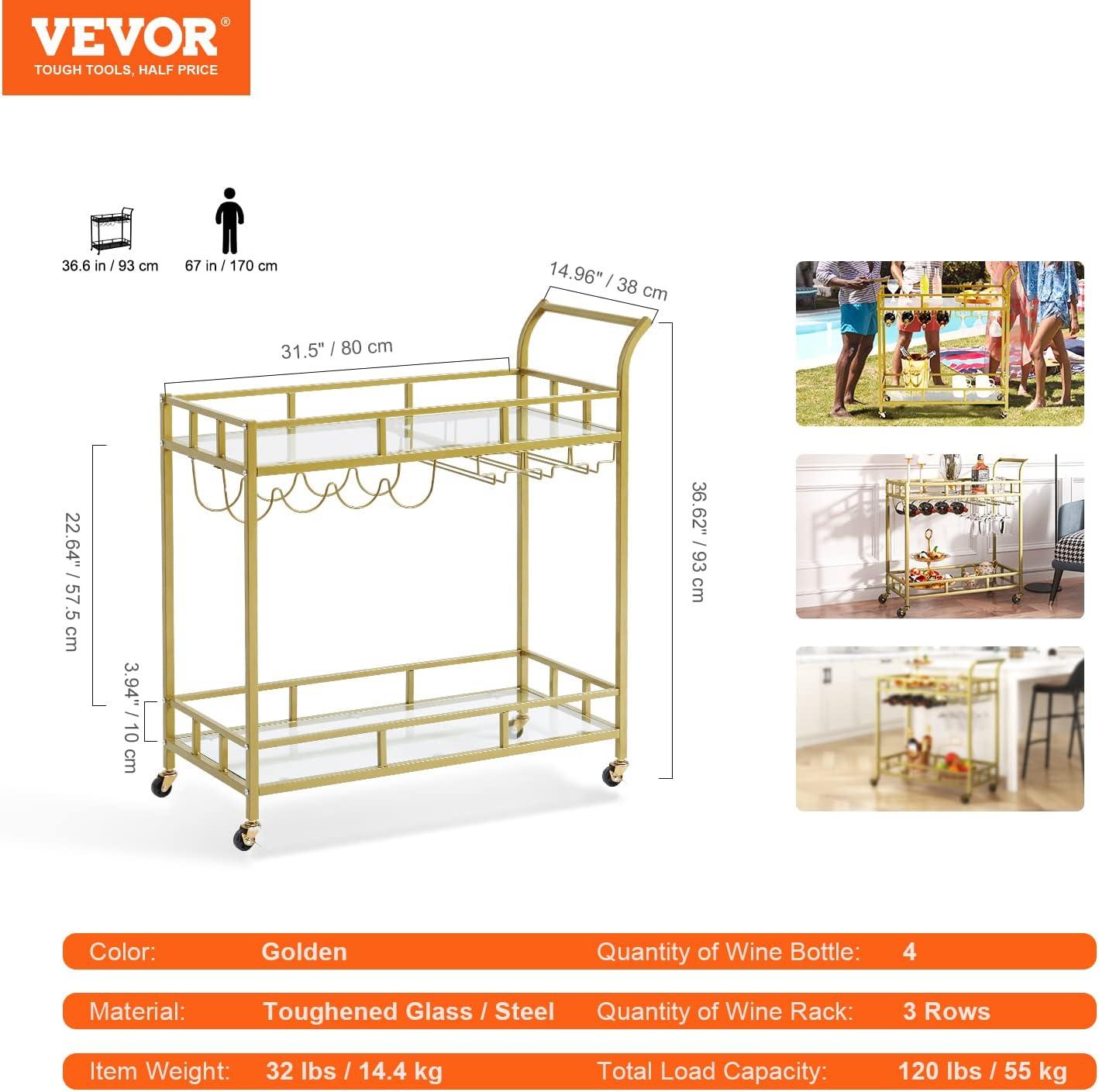 Gold Two-Tier Bar Cart with Wine Rack and Glass Shelves