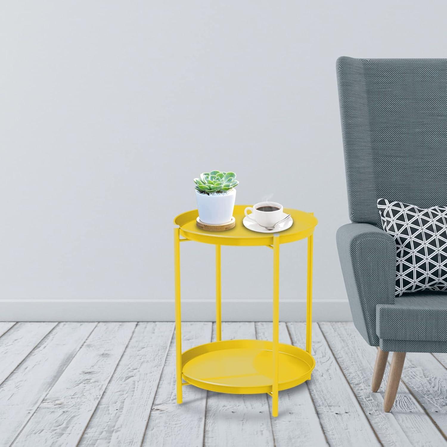 Grand Patio Indoor & Outdoor Side Table 2-Tier, Weather-Resistant Steel Round End Table for Porch, Poolside, Bedroom, Living Room, Yellow