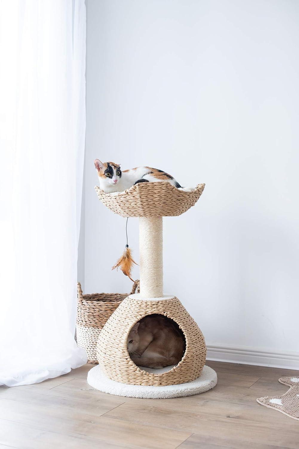 PetPals PetPals Walk Up Cat Tree with Fleece Perch, Handwoven Basket, and Sisal Scratching Post, Eco-Friendly Cat Furniture, Beige