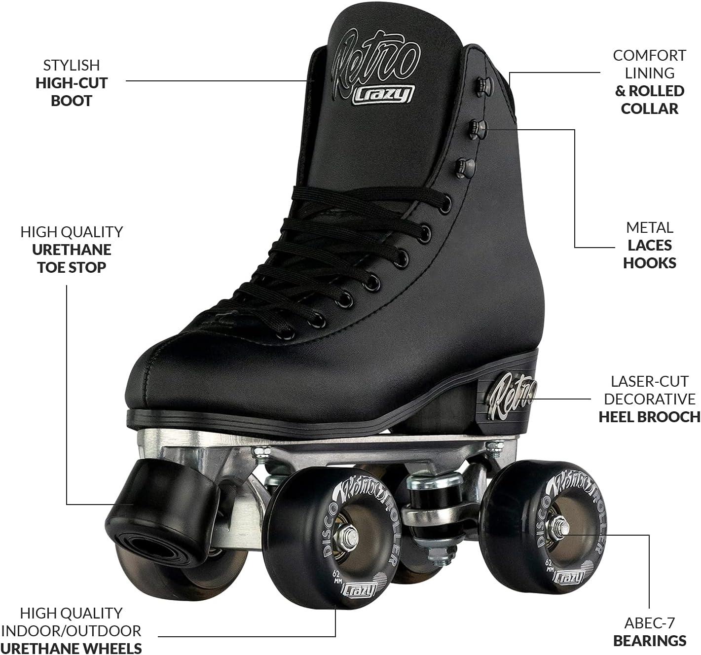 Crazy Skates Black Retro Roller Skates - Classic Style Quad Skates For Women And Girls - 6