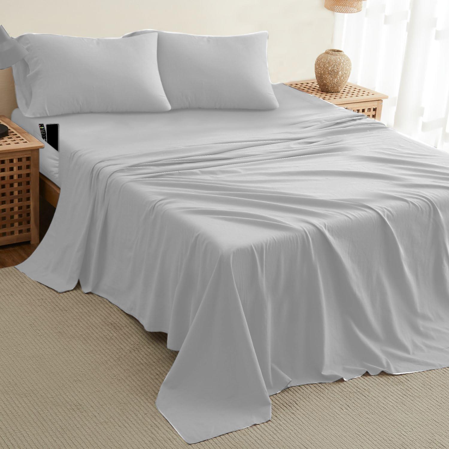 DREAMCARE - Bed Sheets Set - King Size Sheet with Side Pocket - 4pcs Set, 21 inches, Light Gray