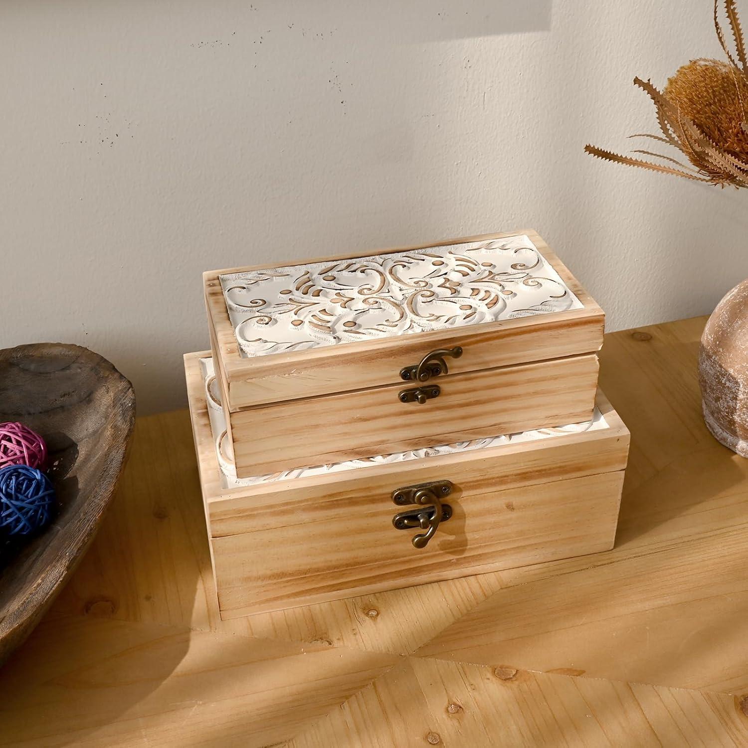 Wooden Box Set of 2 - Rustic Farmhouse Decorative Boxes with Hinged Lid and Carved Design