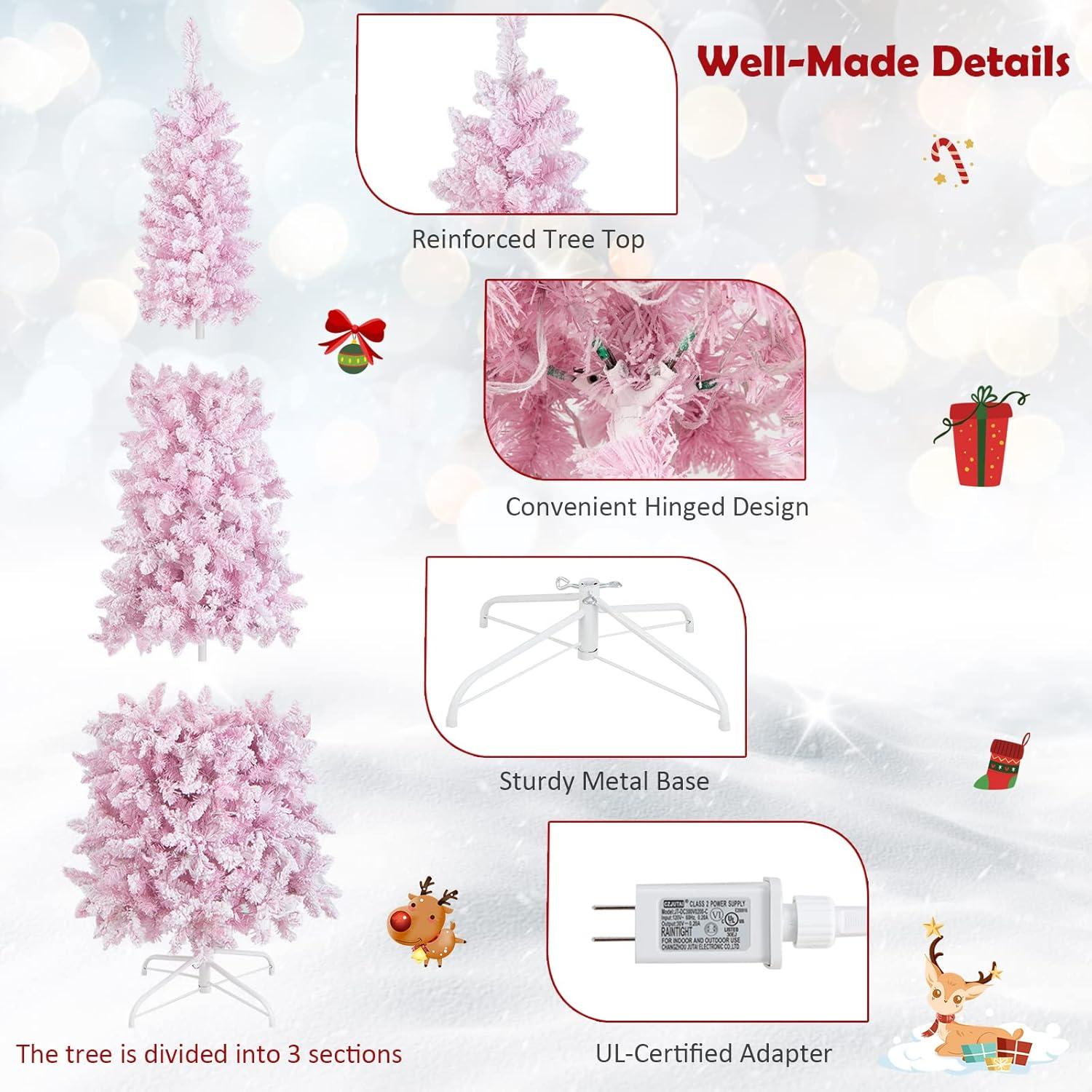 Costway 7FT Pre-Lit Snow Flocked Hinged Pencil Christmas Tree w/ 300 Lights & 8 Modes