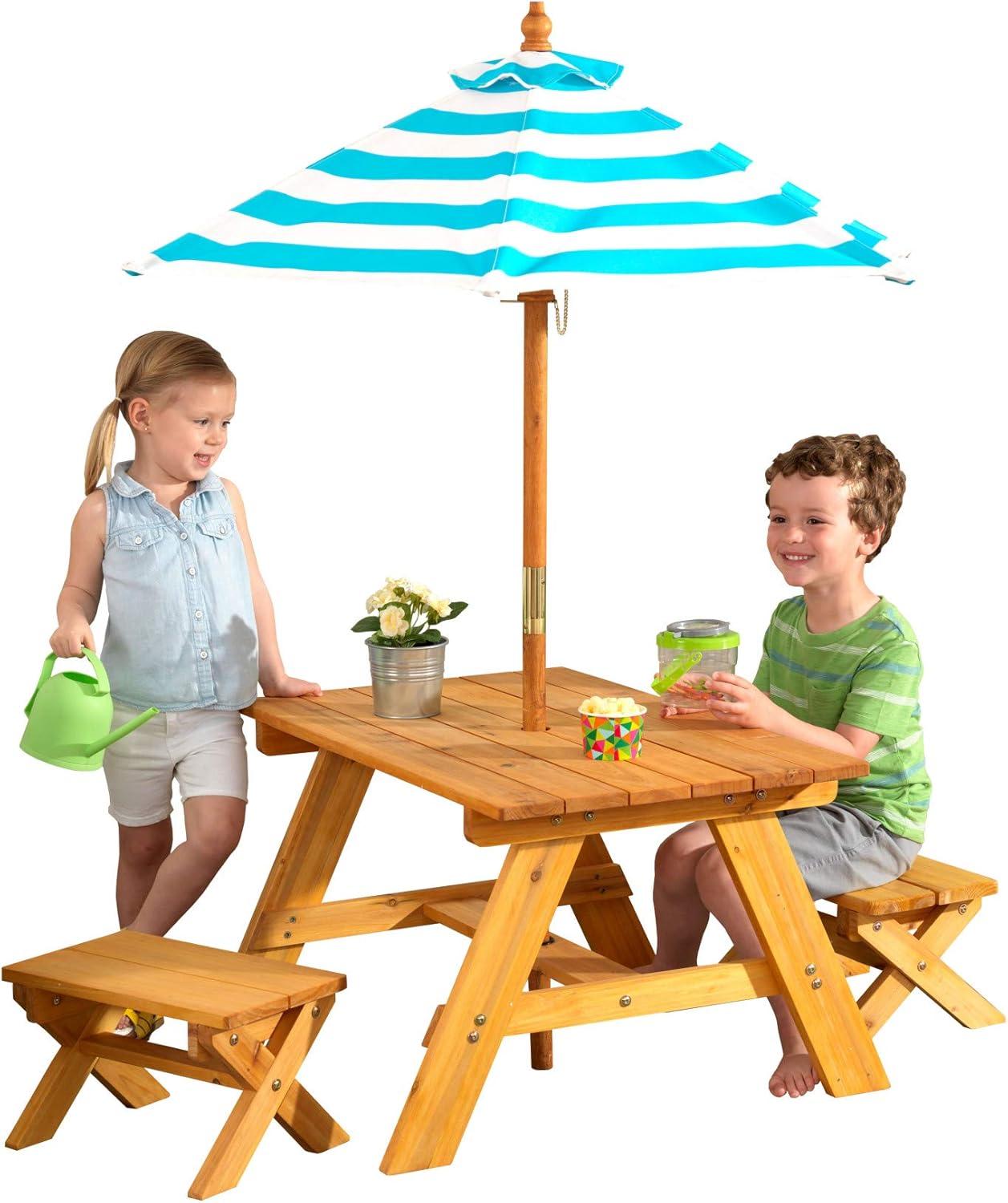 KidKraft Outdoor Wooden Table & Bench Set, Striped Umbrella, Turquoise and White