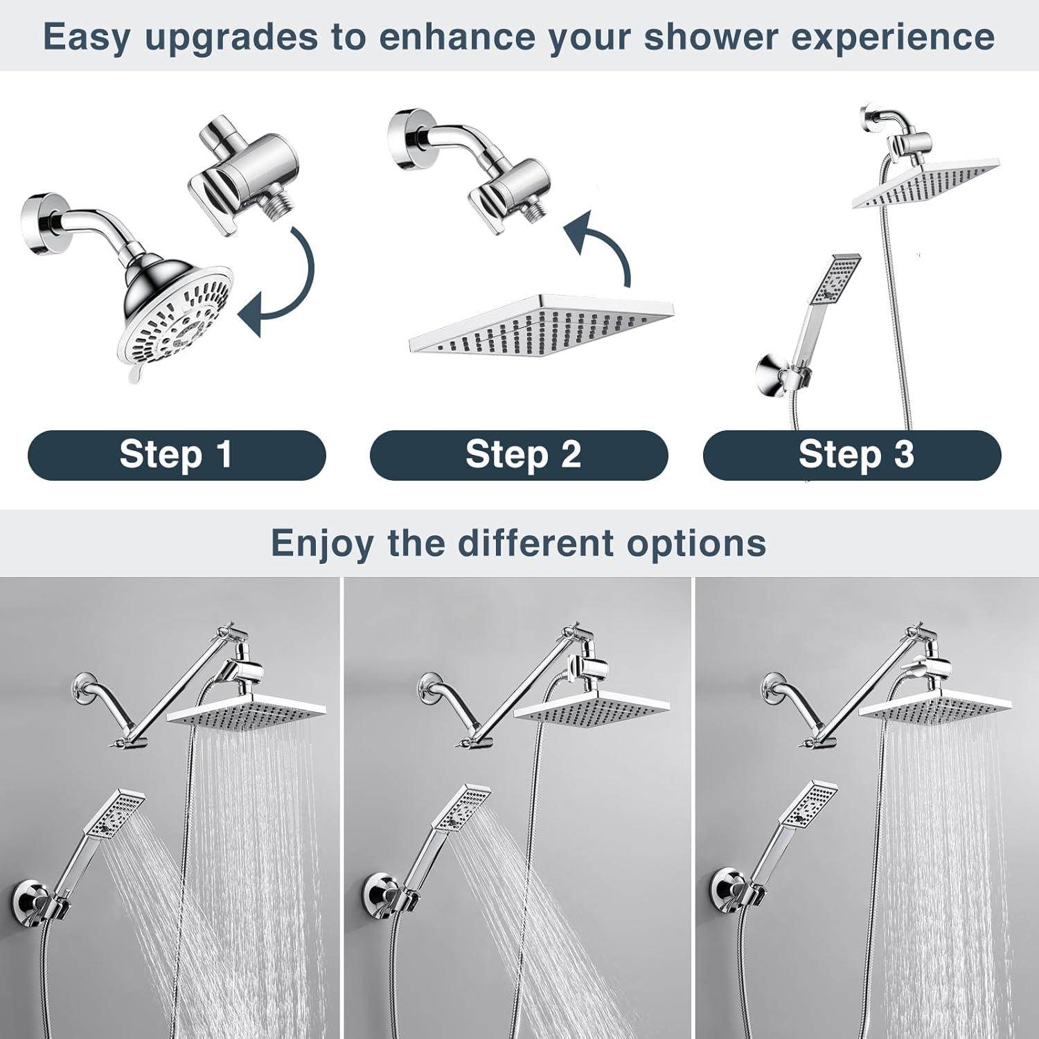BRIGHT SHOWERS Rain Shower Head Combo, 8" Rainfall Shower with Handheld Spray, 60" Hose, 3-Way Diverter, Wall Bracket, Chrome