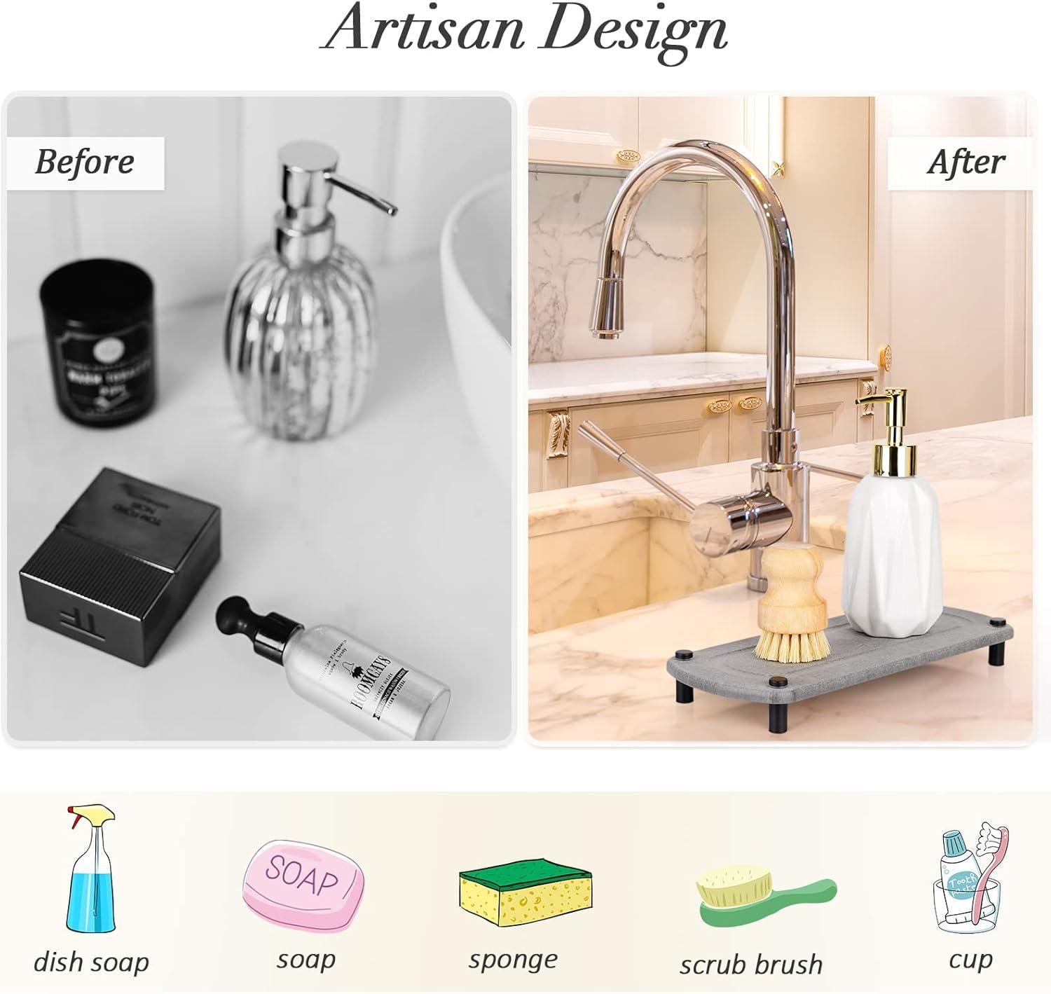 Sink Caddy Instant Dry Kitchen Sink Organizer Sponge Holder for Kitchen Sink Diatomaceous Pedestal Stand Riser with Stainless Steel Feet Protection for Modern Home (Grey)