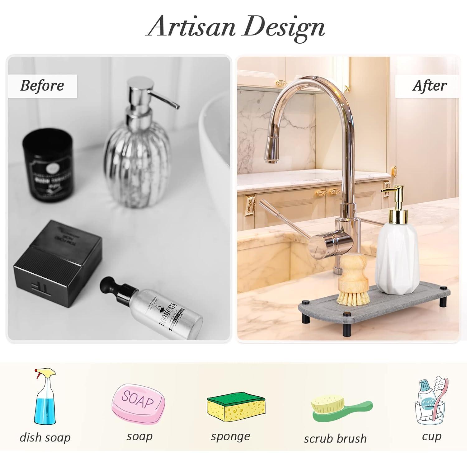 Sink Caddy Instant Dry Kitchen Sink Organizer Sponge Holder for Kitchen Sink Diatomaceous Pedestal Stand Riser with Stainless Steel Feet Protection for Modern Home (Grey)