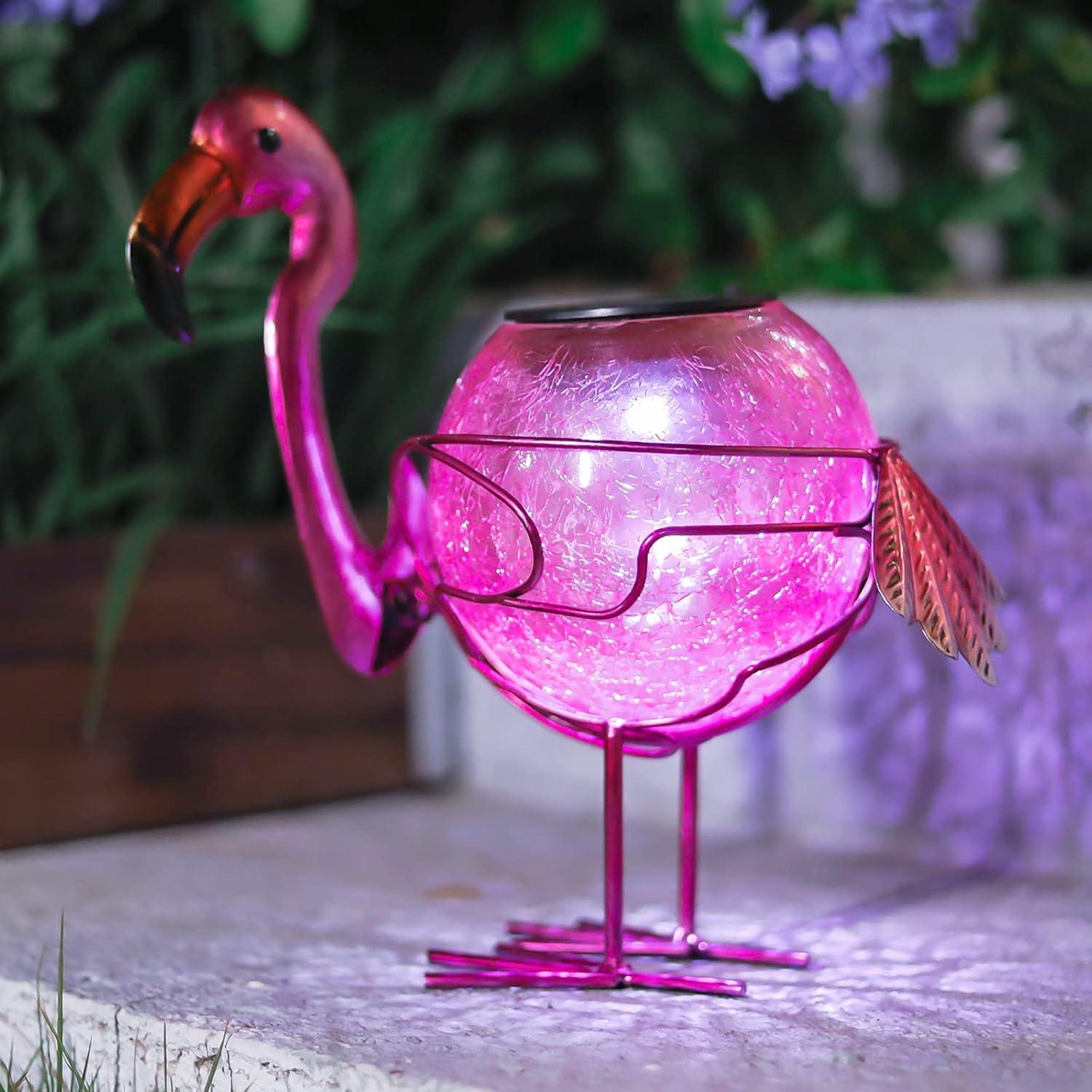 Pink Flamingo Crackle Glass Solar Tabletop Lantern