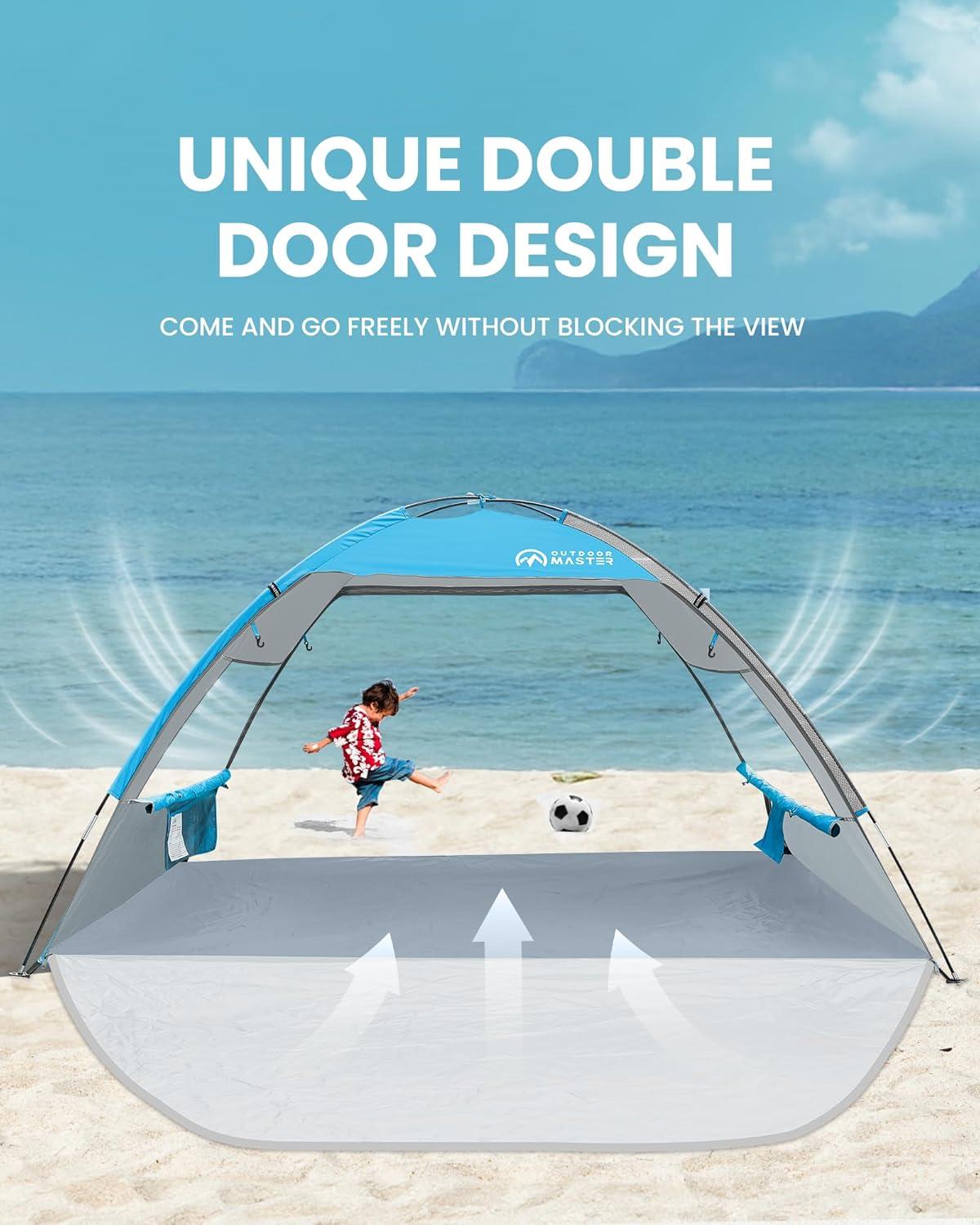 OutdoorMaster Beach Tent Sun Shelter with 2 Ventilated Doors, UPF50+ Easy Setup Beach Tent Canopy for 3 Person, Lightweight & Portable Family Beach Umbrellas for Sand with Carrying Bag - Blue