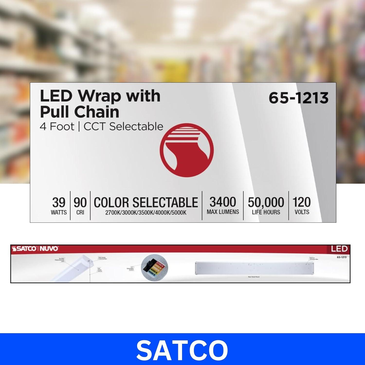 Nuvo LED 4 Foot Ceiling Wrap with Pull Chain 39 Watts 27K/30K/35K/40K/50K CCT Selectable  120 Volt
