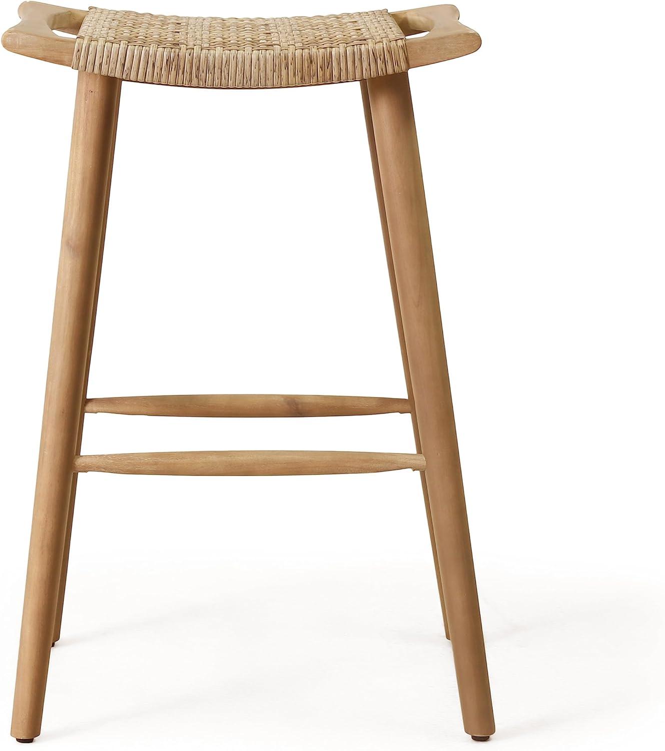 Pulaski 4pk Outdoor Acacia Wood Bar Stools with Wicker - Light Brown - Christopher Knight Home